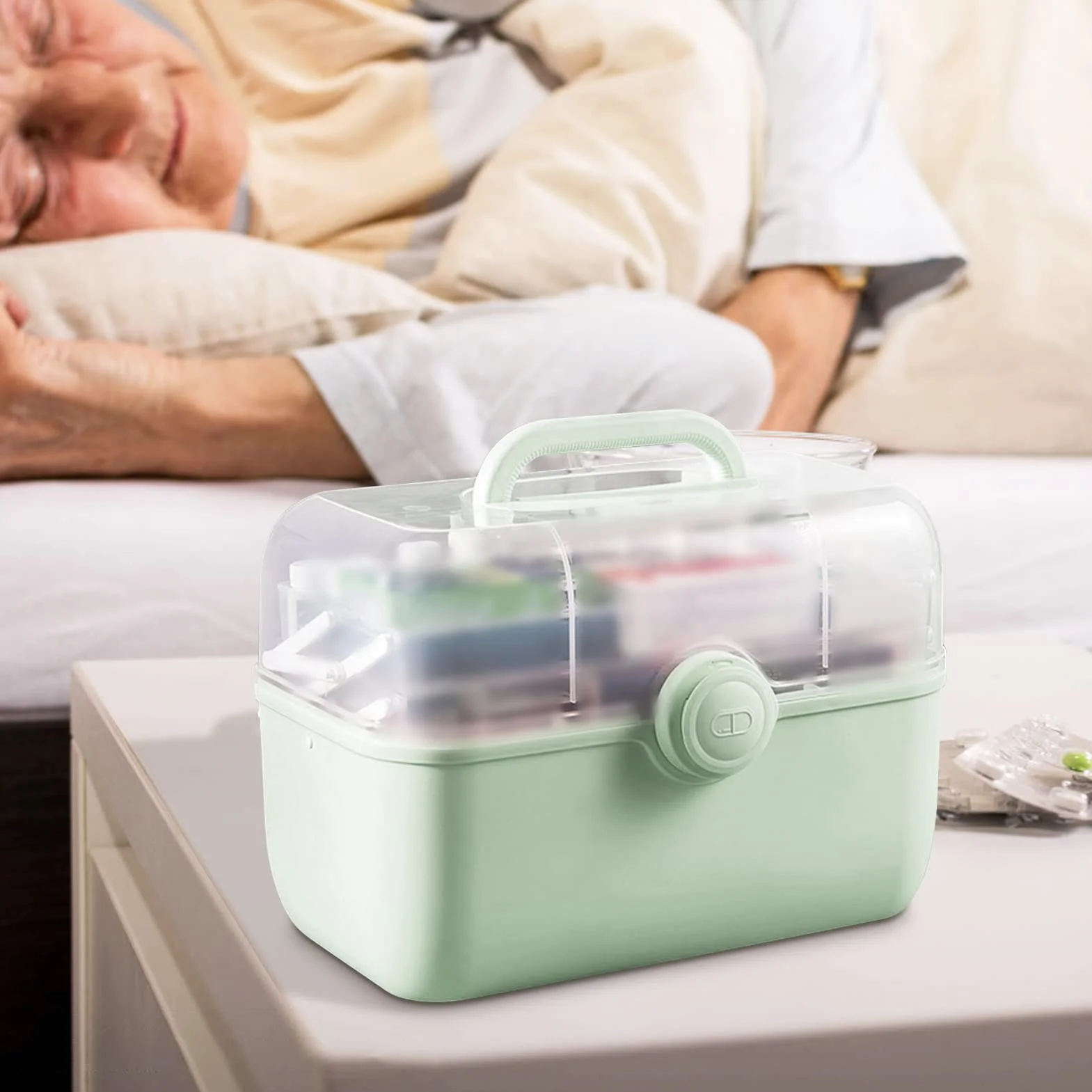Scatola per medicinali Scatola di Pronto Soccorso Trasparente, Organizzatore di contenitori per medicinali di Grande capacità con Custodia per Kit Organizer per Pillole Armadietto(L Verde),