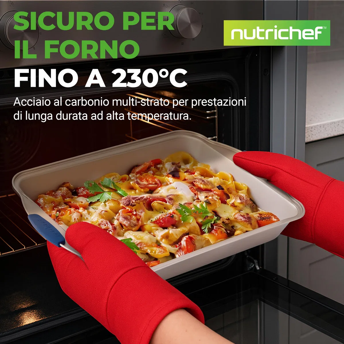 NutriChef Set 6 Teglie da Forno Antiaderente, Acciaio al Carbonio con Manici in Silicone, Stampo per Pane, Stampo per Muffin/Cupcake, Padelle da Arrosto Rotonde e Quadrate, Foglio per Biscotti
