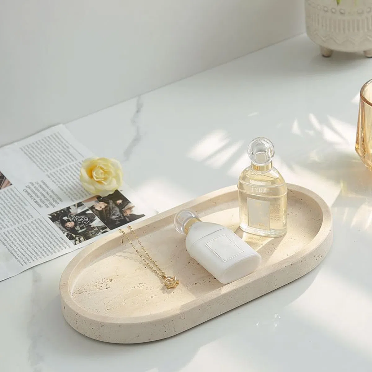 Vassoio decorativo, motivo marmo, vassoio per gioielli, marmo naturale, beige, piatto ovale decorativo, profumo, cosmetici, gioielli, candele, chiavi, vassoio per soggiorno e camera da letto