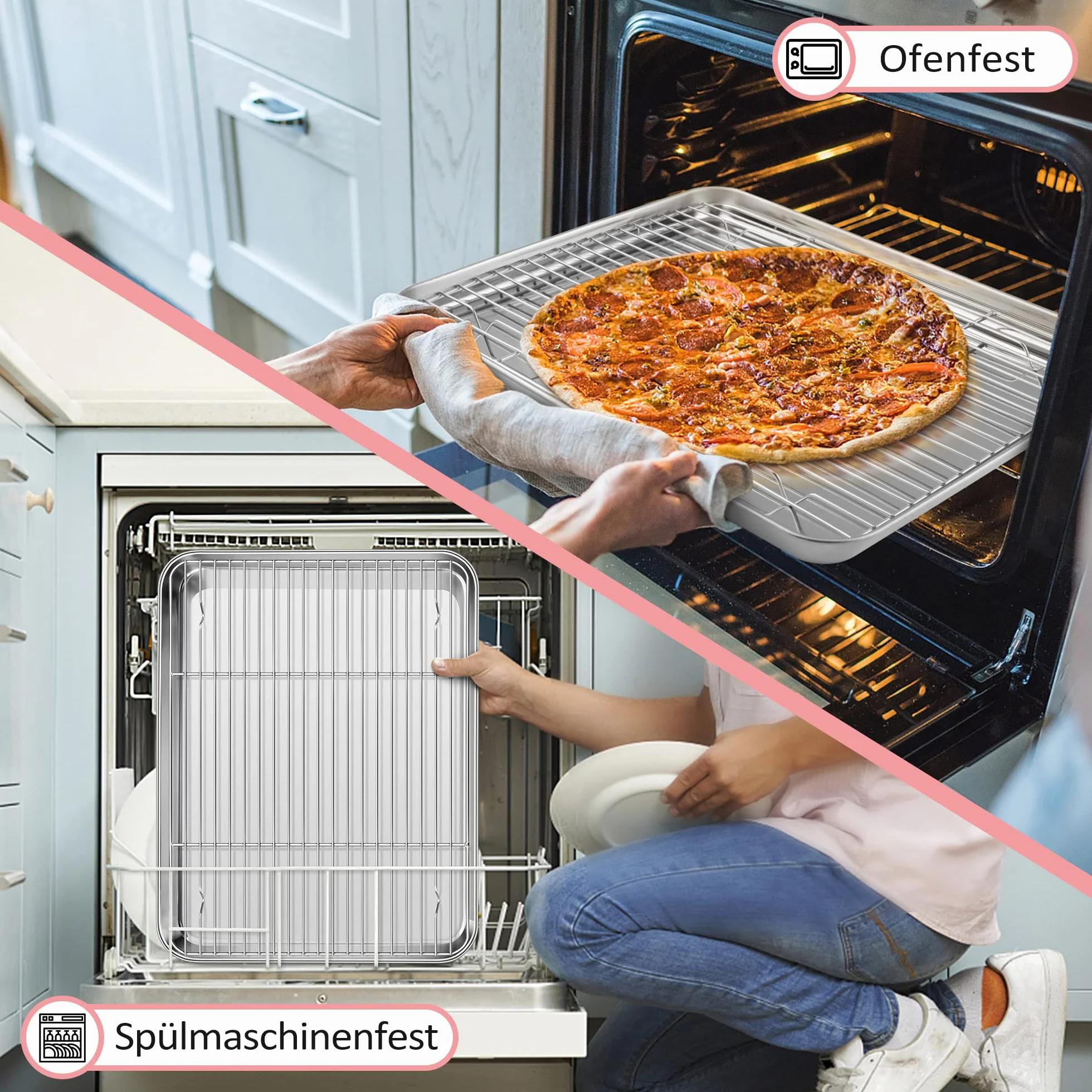 Joyfair - Teglia da forno con griglia di raffreddamento, in acciaio inox, grande teglia da forno e griglia per torte, 40,5 x 30,5 x 2,5 cm, rettangolare e griglia di raffreddamento per