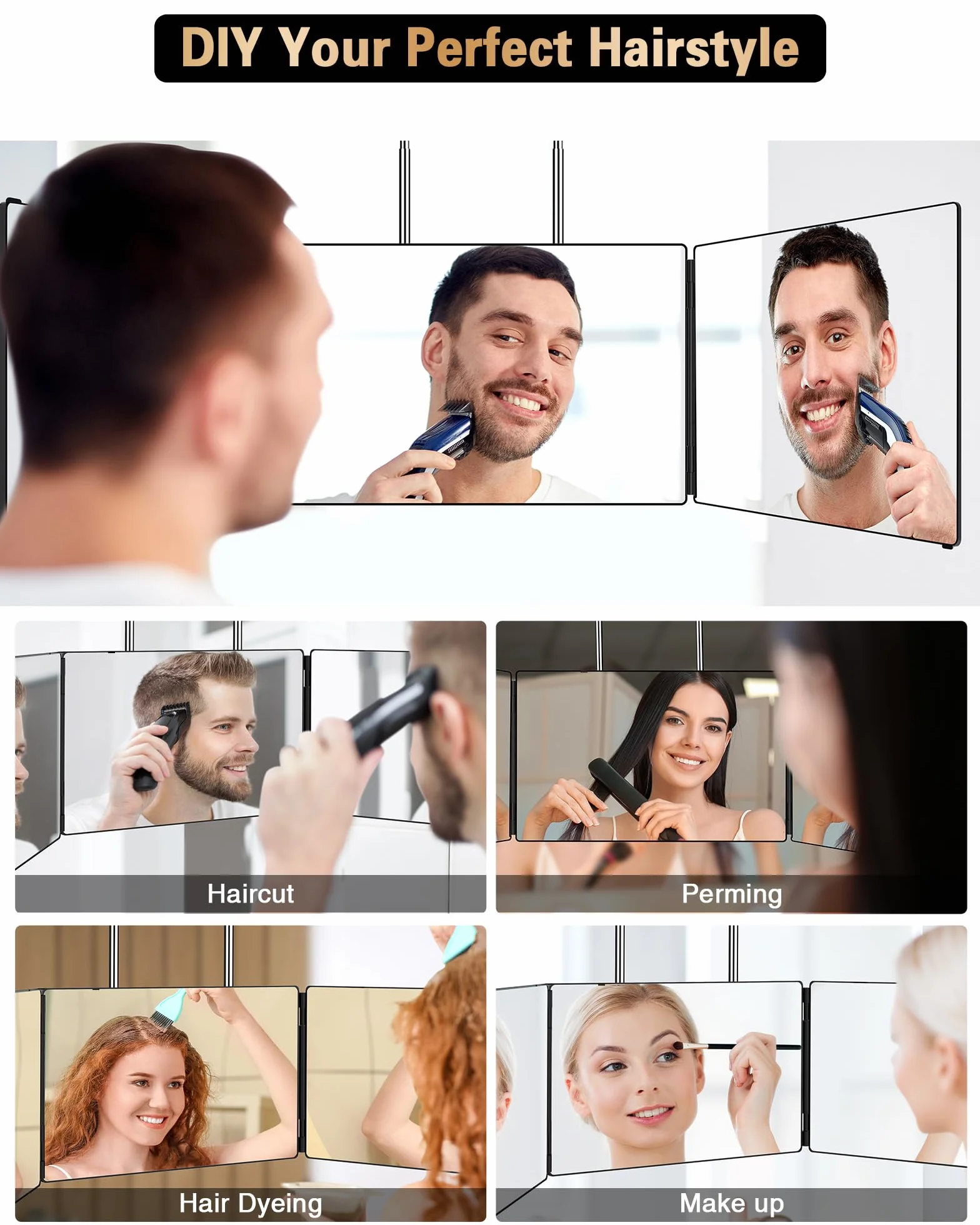 JUSRON Specchio Trucco a 3 Vie, Portatile Specchio a 360 Gradi Capelli, Specchio Makeup a 3 facce Regolabile in Altezza con Gancio Telescopico, Regalo Compleanno Ideale per Donne/Uomini(senza LED)
