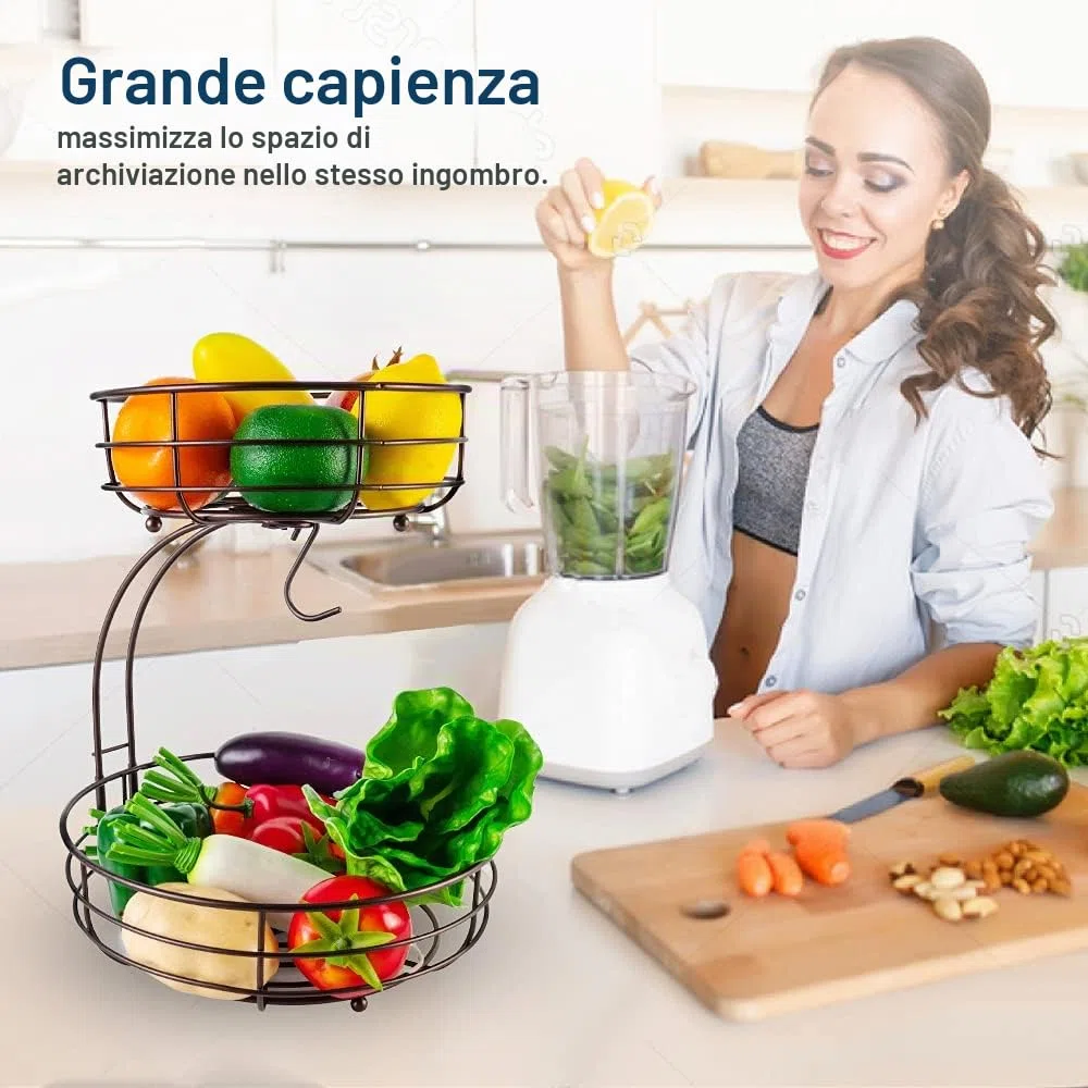 Cestino per Frutta a 2 Ripiani Con Porta Banana, per Verdura, in Metallo, per Tutti i Giorni, per la Cucina, in Bronzo