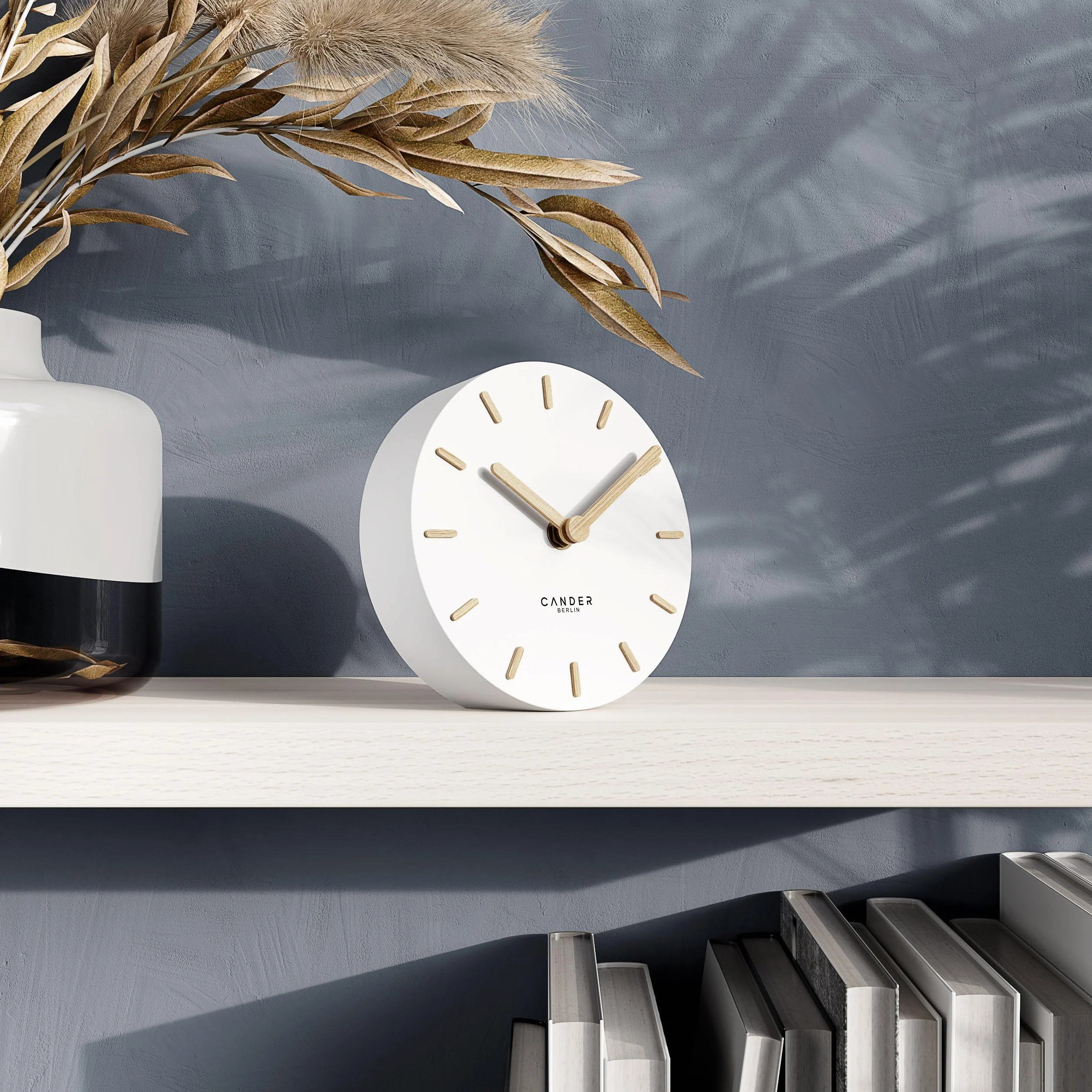 Cander Berlin MNU 2515 F - Orologio da tavolo silenzioso, senza ticchettio, 15 cm, analogico, funzionamento a batteria, colore: Bianco MDF