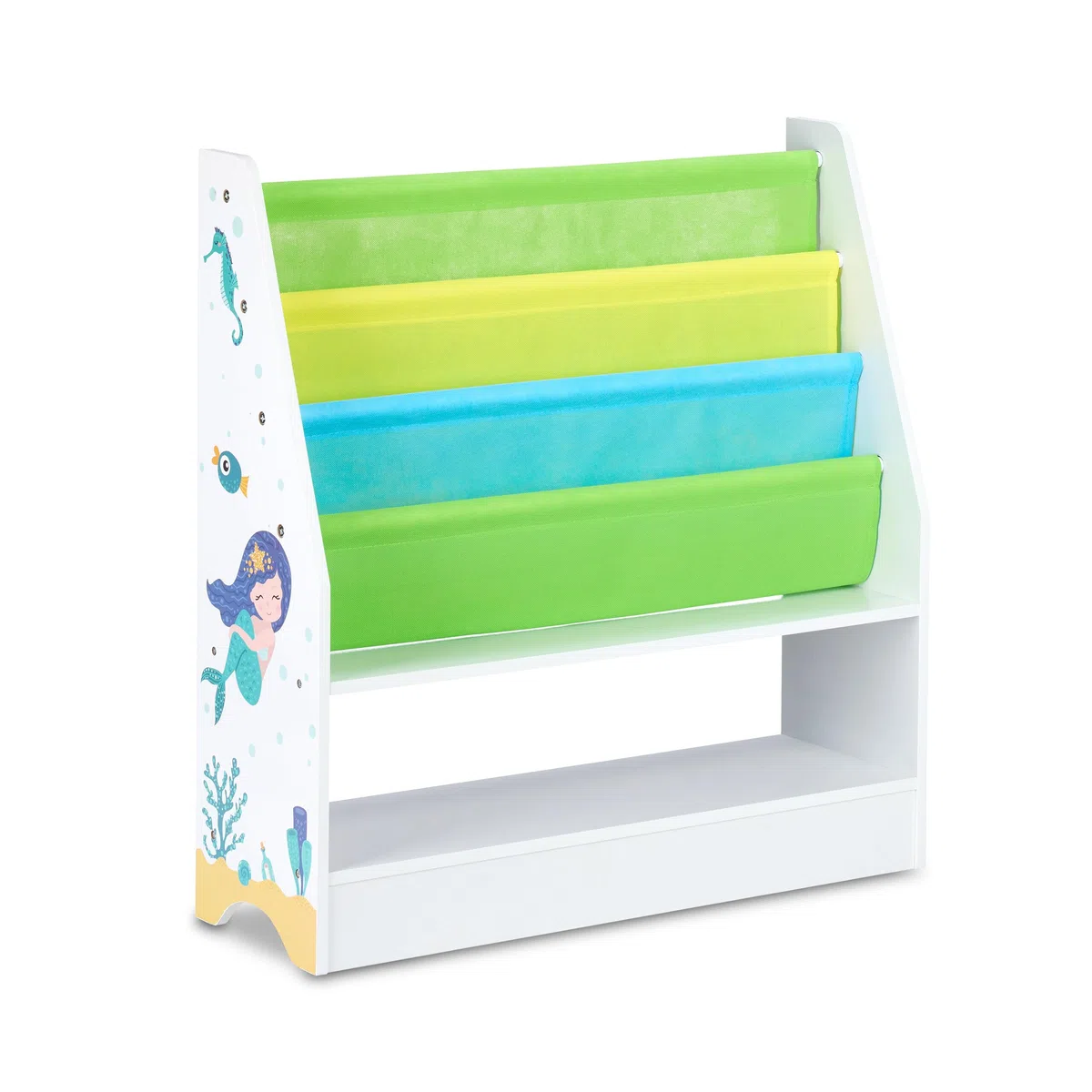 Relaxdays Porta Giochi Bambini, con Motivi Marini, 2 Scatole, 3 Scomparti, Scaffale Libreria, HLP 74x71x23 cm, Colorato