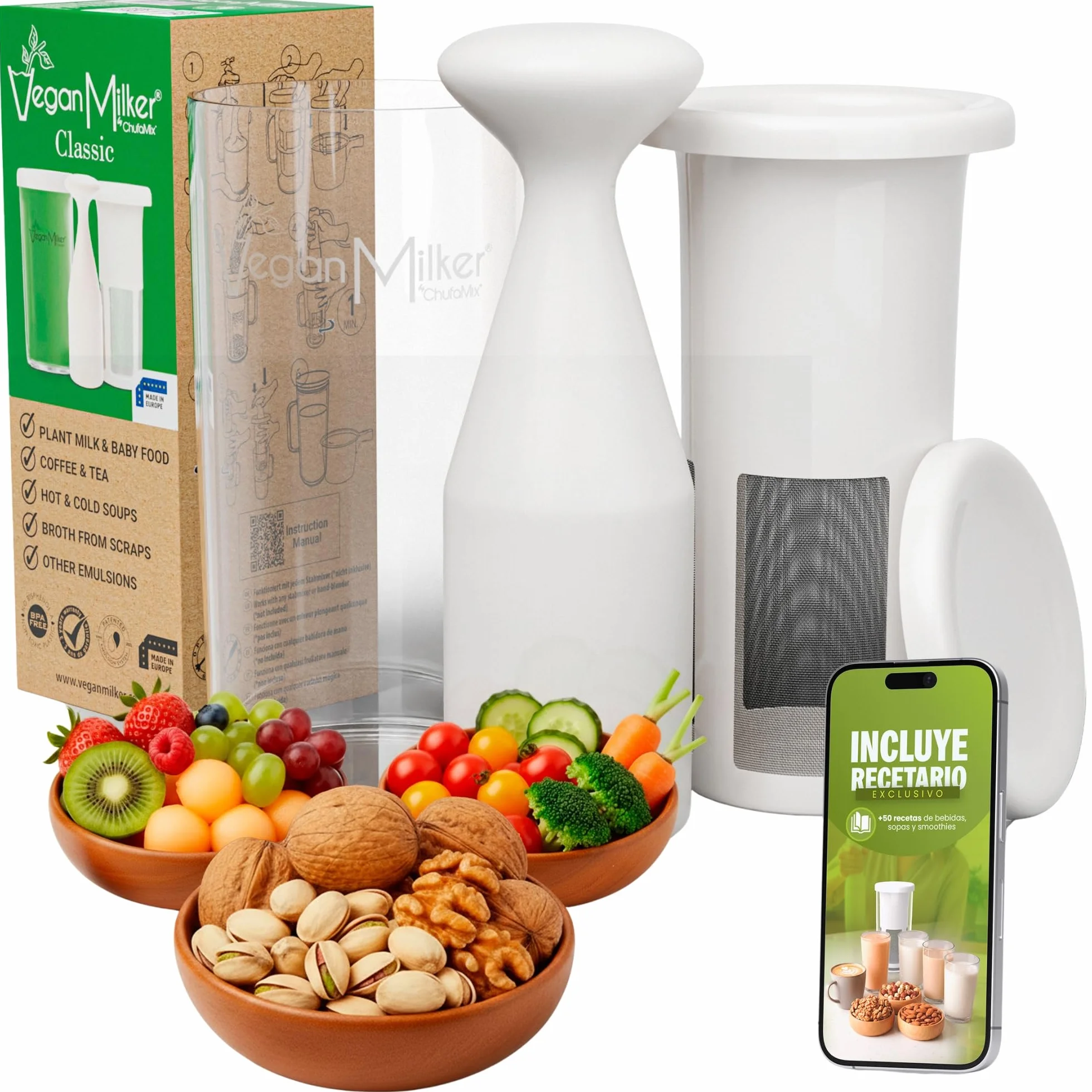 Vegan Milker Filtro Multifunzionale | Macchina per Latte Vegetale, Latte Avena, di Soia e Riso | 1L in 1 Minuto 100% Naturale con Filtro | Compatibile con Frullatore a Mano | Bianco Classico