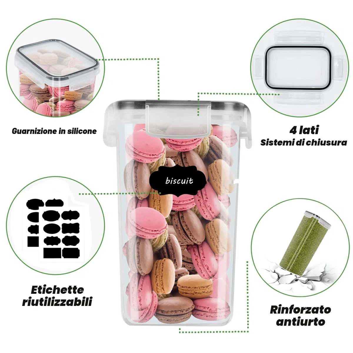 Set 8 Pezzi Contenitori Alimentari Per Cereali, Barattoli ermetici per alimenti, Senza BPA,Utilizzato per la Conservazione di Pasta, Cereali, Muesli, Farina, Spaghetti (2.8L+2L+1.4L+0.8L)