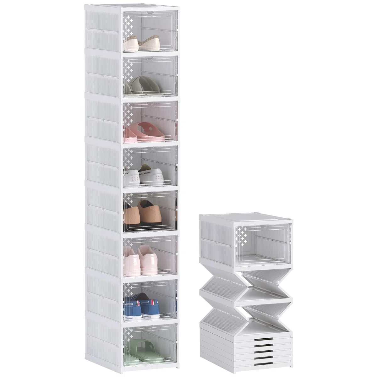 HOMCOM Scarpiera Modulabile con 8 Contenitori per Scarpe Impilabili, Organizer per Scarpe Pieghevole Salvaspazio con Pannello Trasparente, Senza Montaggio, Bianco