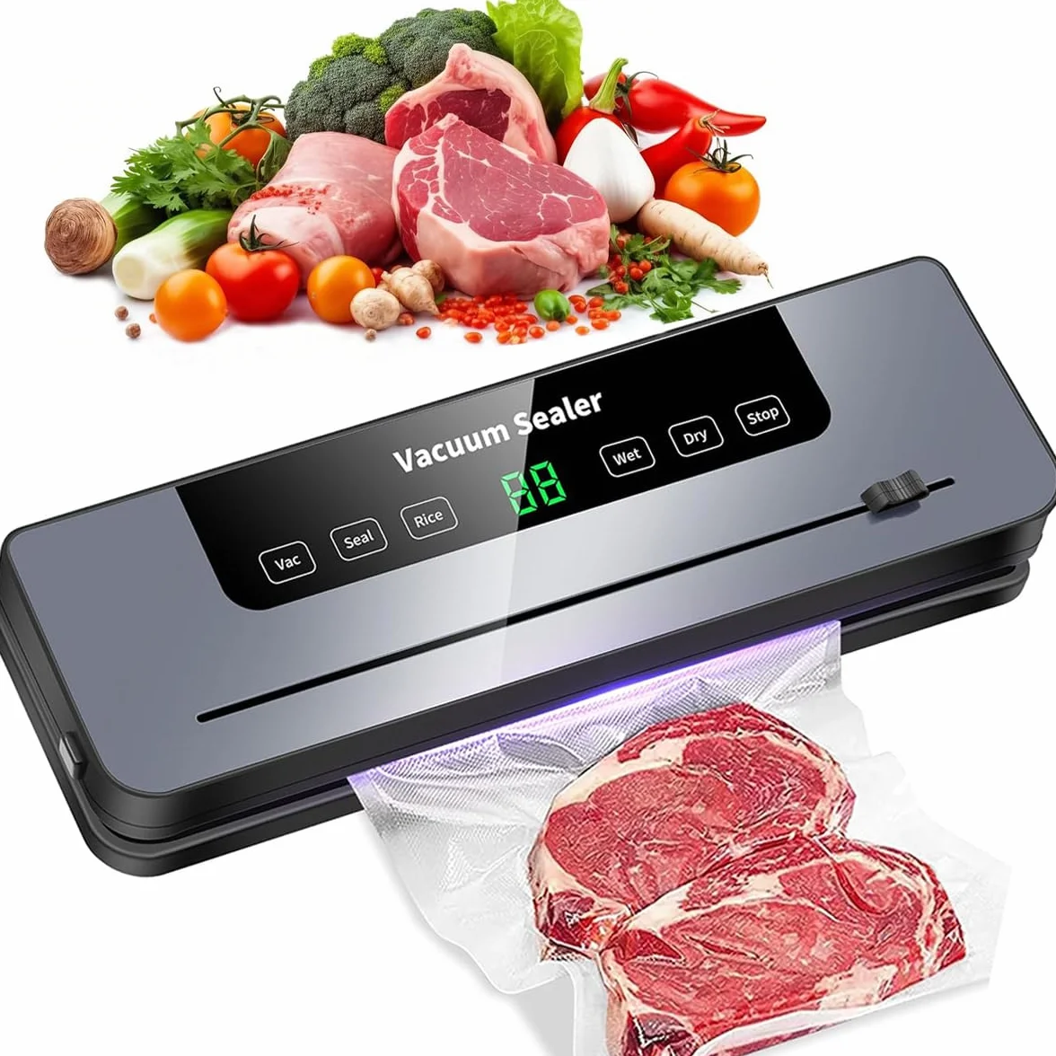 Macchina sottovuoto 5 in 1, potente macchina sottovuoto per alimenti freschi, secchi e umidi, 30 sacchetti sottovuoto e taglierina integrata (nero)