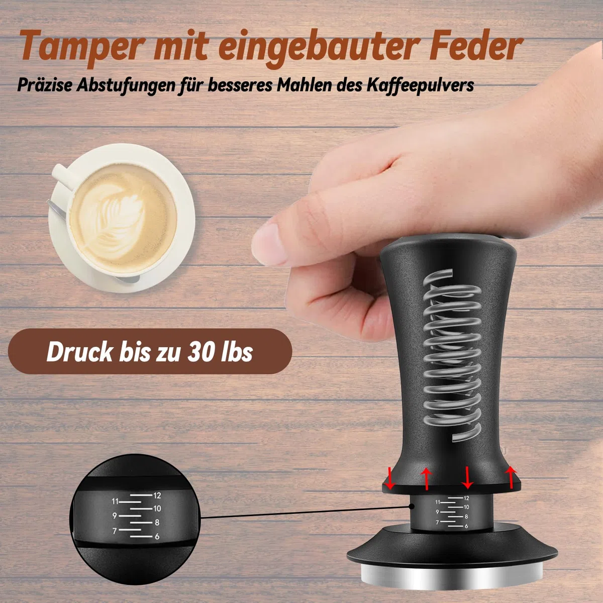 Tamper per caffè da 51 mm, con regolatore di pressione, set di tamper incluso strumento per tamper, in acciaio inox 304, con regolazione della scala