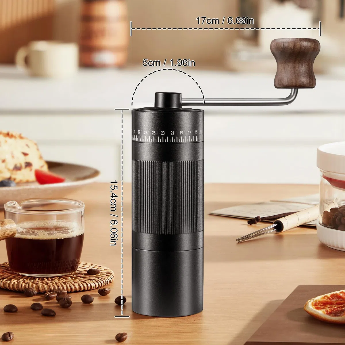 Kaffeemühle Manuell, Präzisem Edelstahlmahlwerk mit 50 einstellbaren Mahlgradeinstellungen Kunststofffreie Espresso-Kaffeemühle mit Holzgriff Design für den Einsatz zu Hause, im Büro und auf Reisen