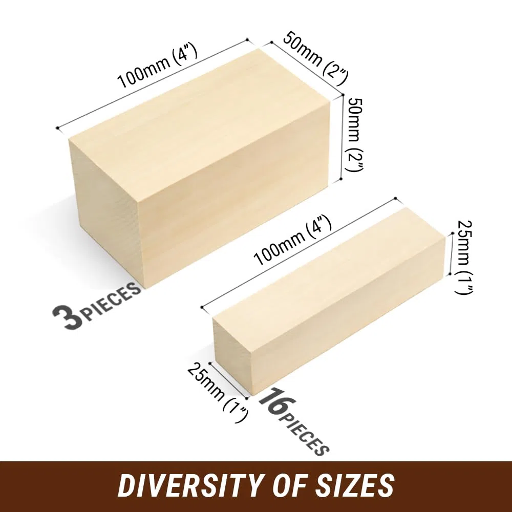 BeaverCraft Blocchi per intaglio in tiglio Kit per intaglio del legno da 19 pezzi Blocchi di legno non finiti BW19
