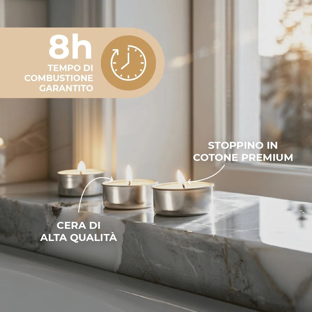Horeca Candles - 200 Lumini Tealight Premium - Durata di Combustione oltre 8 ore - Set da 200 Pezzi Tè Luci - Candele Bianche - Non profumate