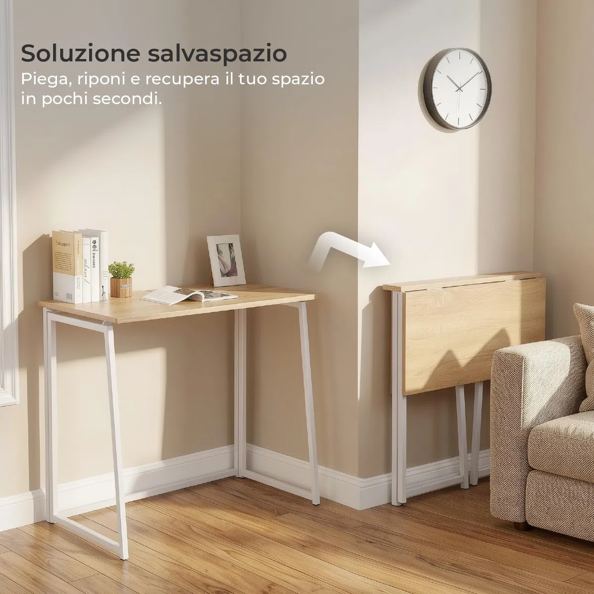 MEUBLE COSY Scrivania per Computer Pieghevole Postazione di Lavoro per Ufficio, Studio, Piccoli Spazi, Facile da Montare, Struttura in Metallo, Rovere e Bianco, 80x44x74cm