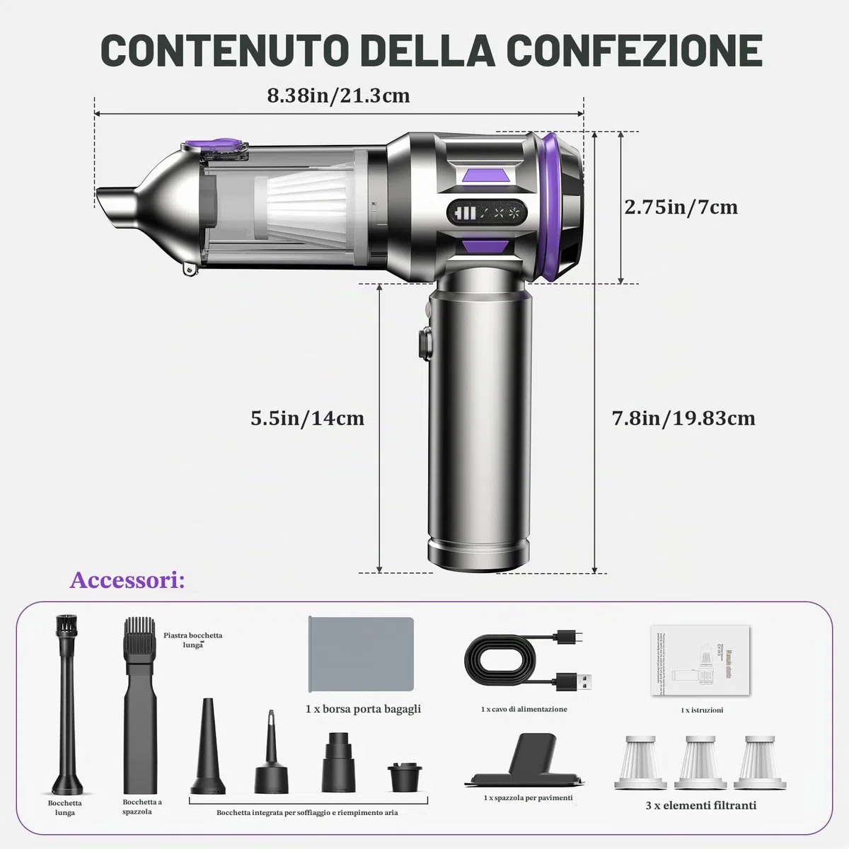 Aspirabriciole Senza Fili Potente, 25000Pa 4 in 1 Aspirapolvere Auto Portatile,Aspiratore e Soffiatore con Motore Brushless,USB C Mini Aspirapolvere Potente per Auto Casa Ufficio Peli di (viola)