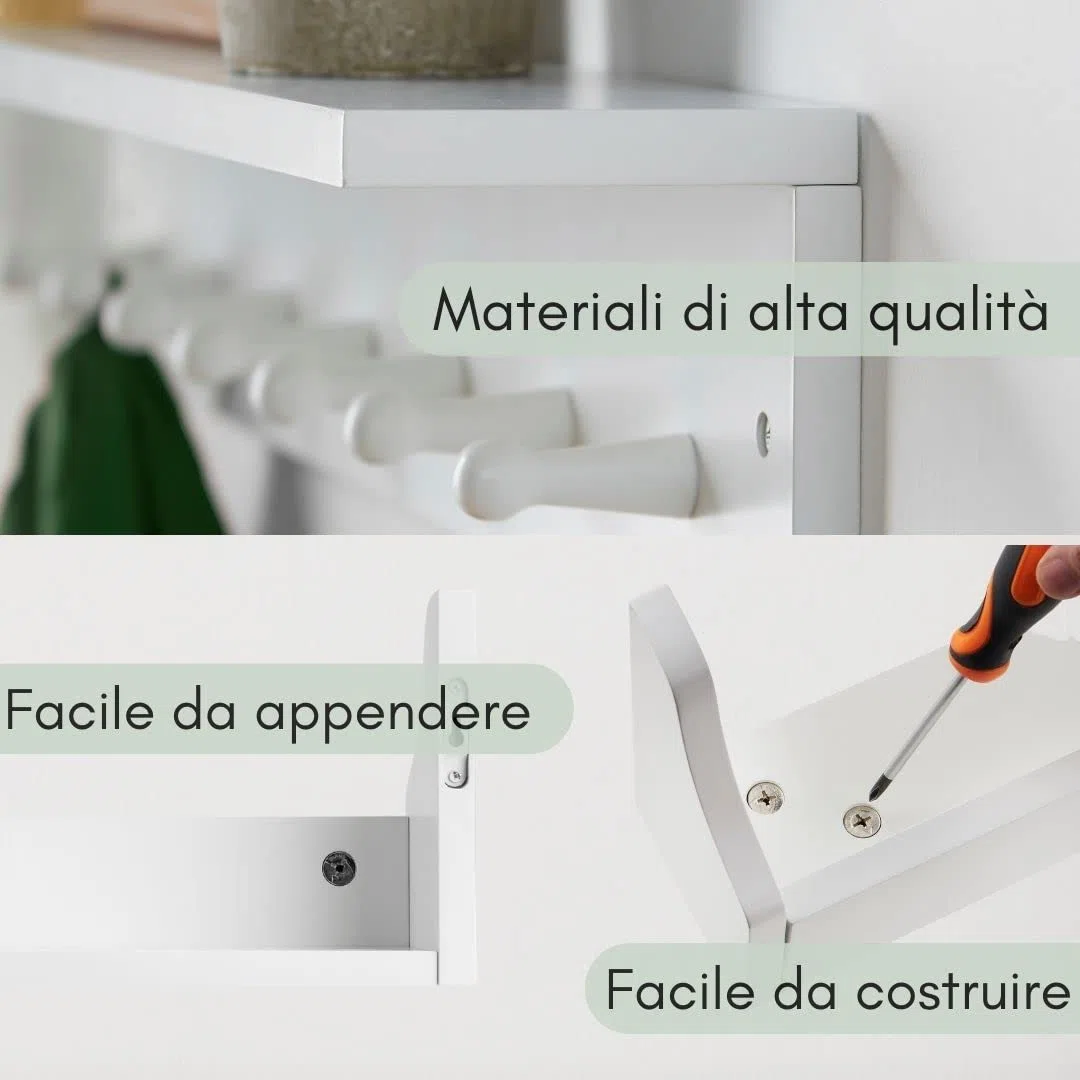 Haus Projekt Appendiabiti da Parete con Mensola, 7 Ganci, Bianco, Mensole da Muro Legno, Attaccapanni, Mensole Bagno, Scaffale da Parete, Mensole Cucina Portaspezie, Appendi Chiavi, 72 x 11,5 x 11,5