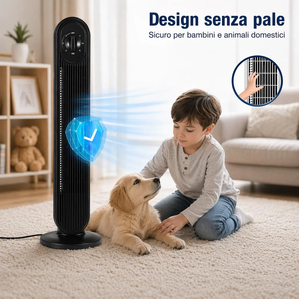 BAKAJI Ventilatore a Torre Potenza 60W, Raffrescatore Verticale da Pavimento Bianco Salvaspazio Altezza 79 cm, Flusso d'Aria Continuo e Pannello di Controllo Ideale per Casa e Ufficio