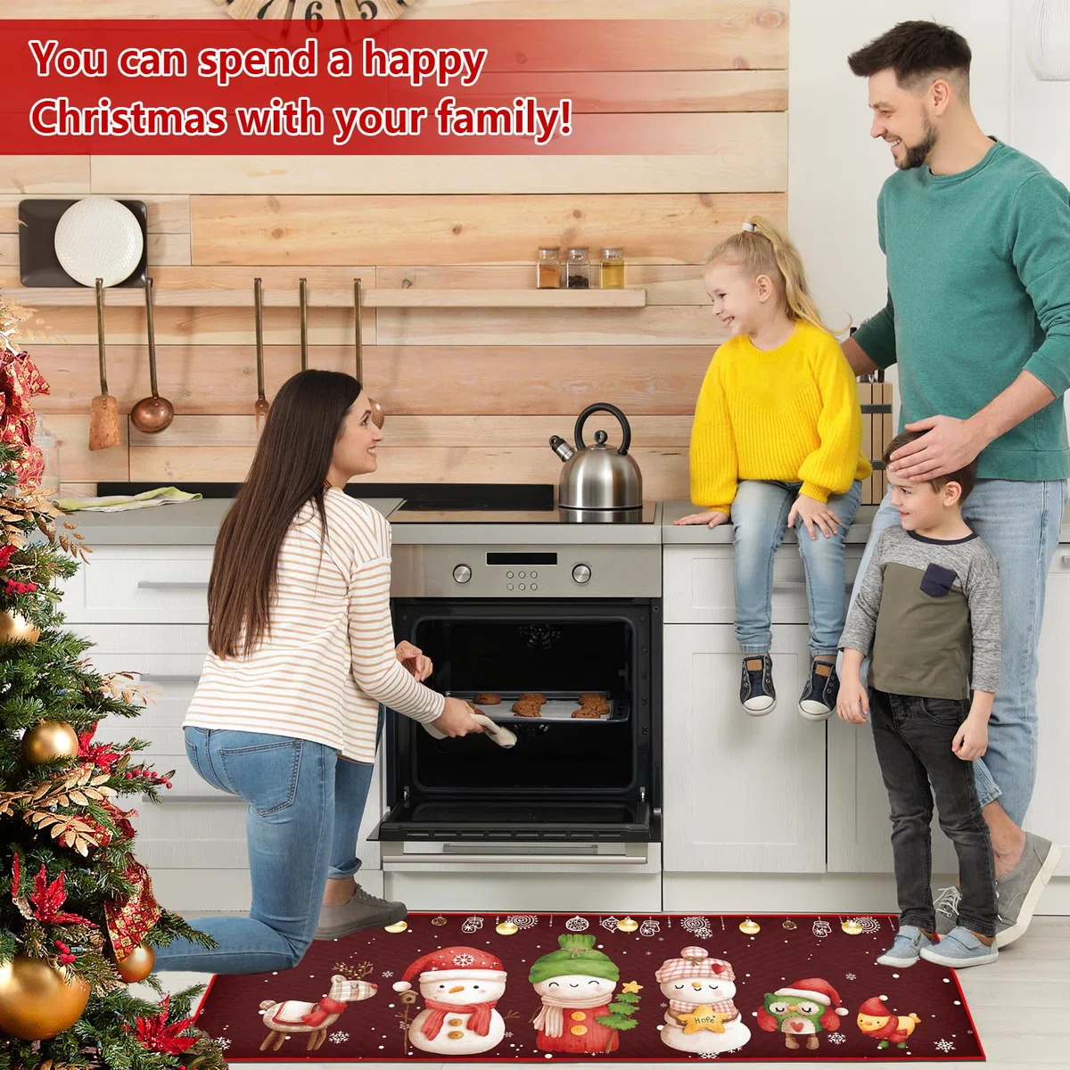 Set di 2 tappetini da cucina di Natale, tappeti natalizi lavabili antiscivolo per corridoio, soggiorno, cucina, Lavanderia (Natale Rosso G, 43x150 cm+43x75 cm)