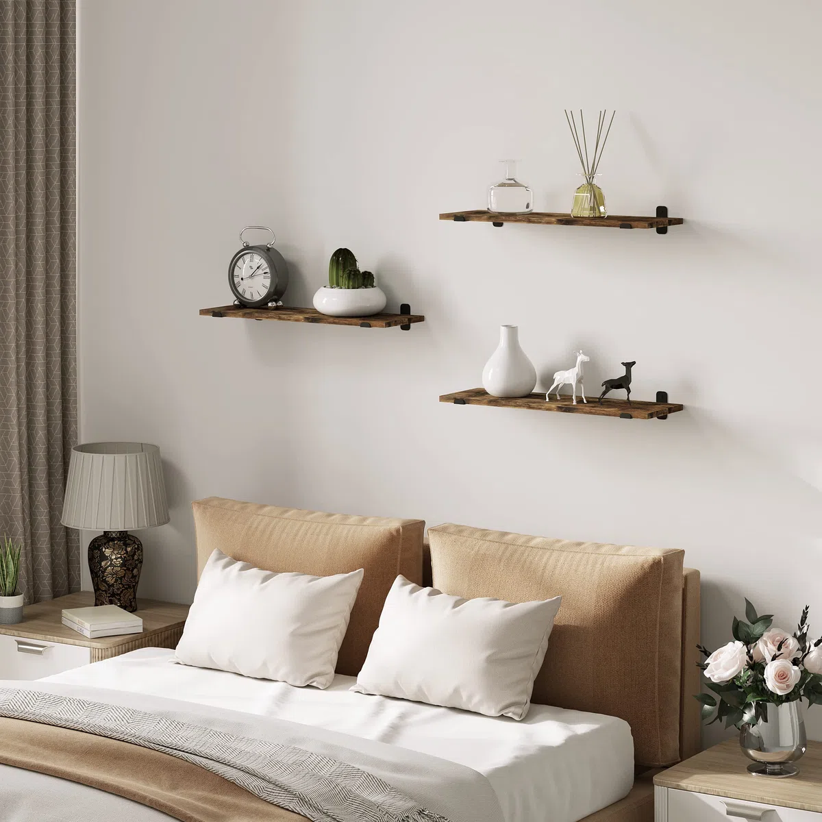 EUGAD Set di 3 Mensole da Parete, Ripiani Salvaspazio per Cucina, Camera da Letto, Portata Max 15 kg, 60x20x7 cm, in MDF e Metallo, Legno Vintage e Nero