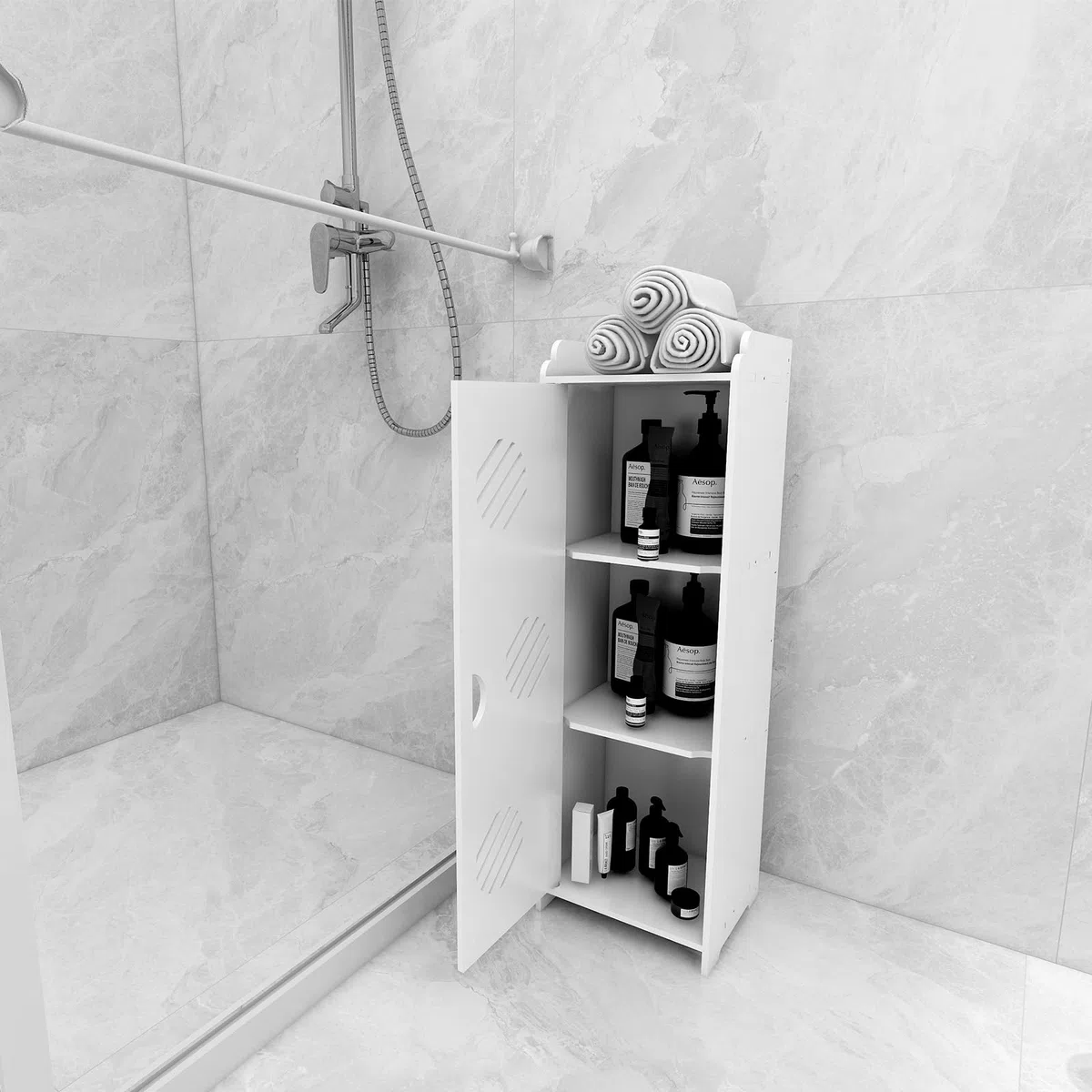 HUOLE Mobile Bagno Verticale Porta Oggetti da Bagno Slim Salvaspazio con Apertura, armadietto con ante e ripiani, Armadietto Porta Carta Igienica, Detergenti e Accessori,(B) 75 x 20 x 24 cm - Blanc