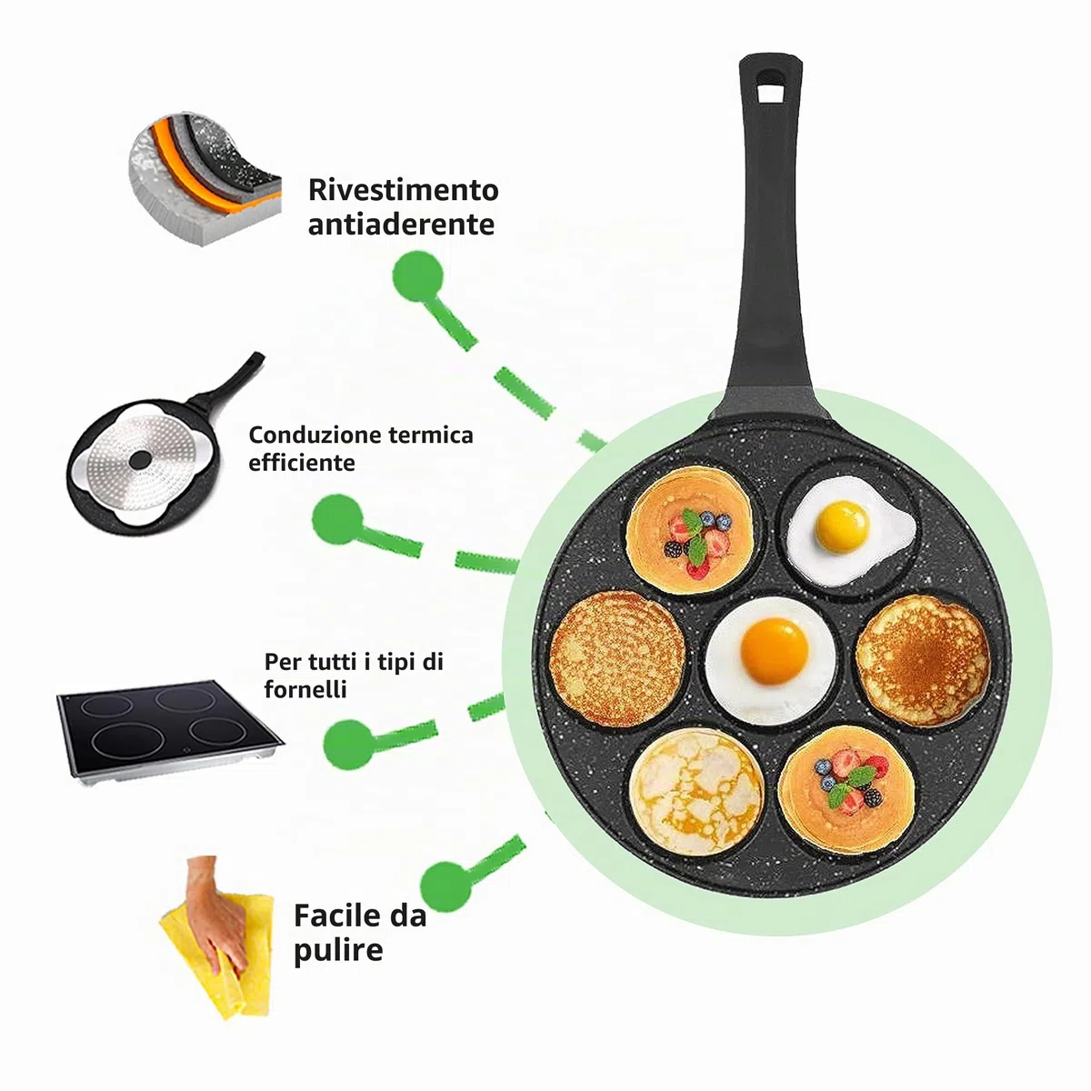 Amalindo Padella per pancake, Ø 26 cm, per 7 uova, padella per pancake, rivestimento antiaderente | padella per pancake a induzione | padella per uova, padella per occhi per pancake, uova fritte
