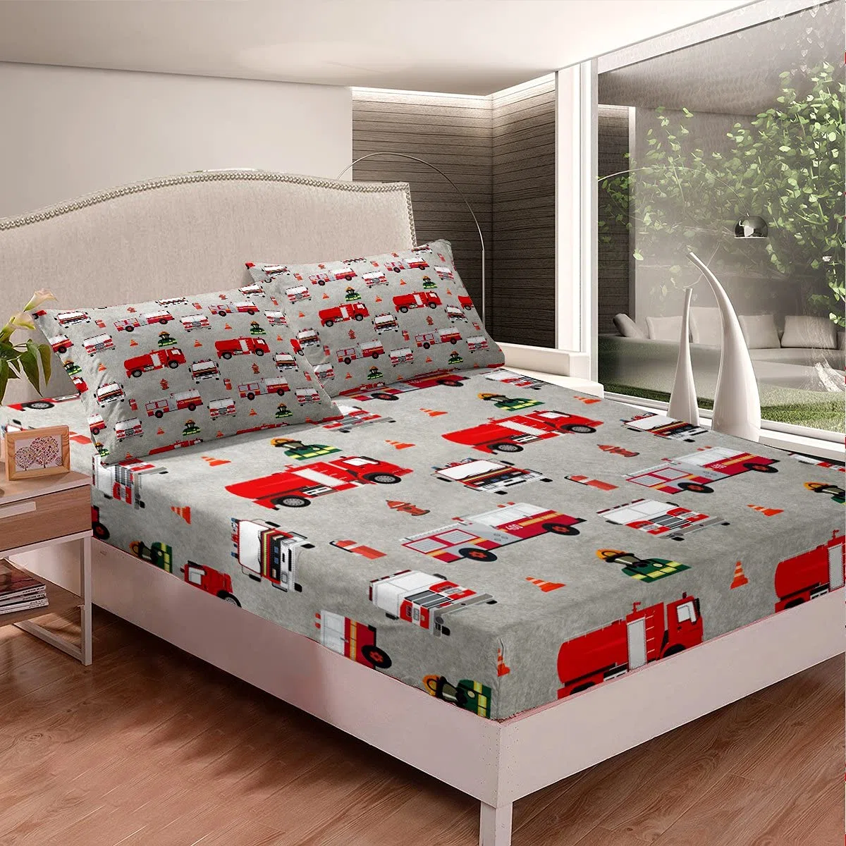 Loussiesd Set di lenzuola per bambini con vigili del fuoco e vigili del fuoco, lenzuolo sotto con angoli 90 x 200 cm, motivo: auto dei pompieri rosso, con 1 federa