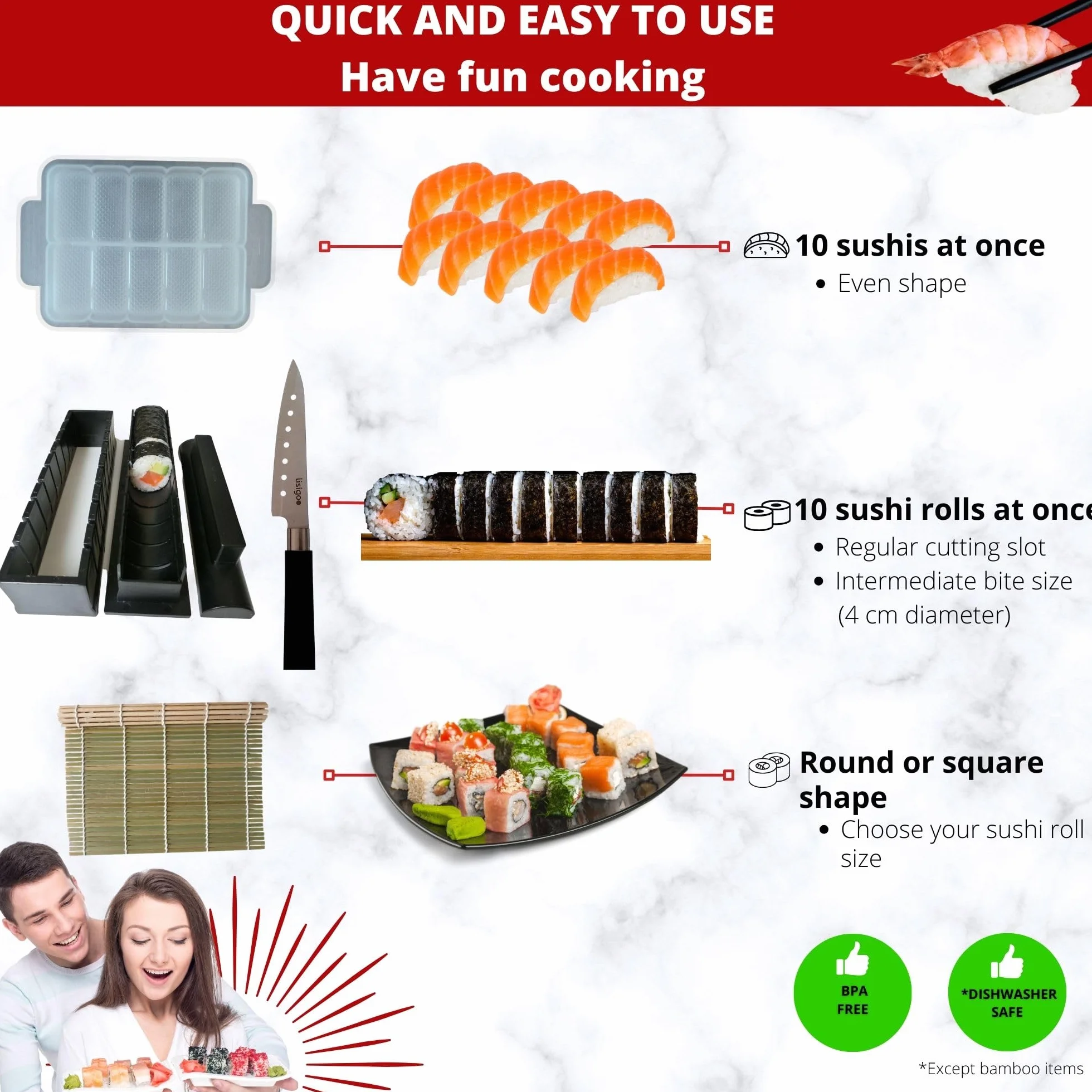 Kit sushi maki maker completo – Apparecchio per produzione di sushi makis – Cofanetto con stuoia in bambù, coltello giapponese, bacchette, stampo per maki, senza BPA – idea regalo uomo donna