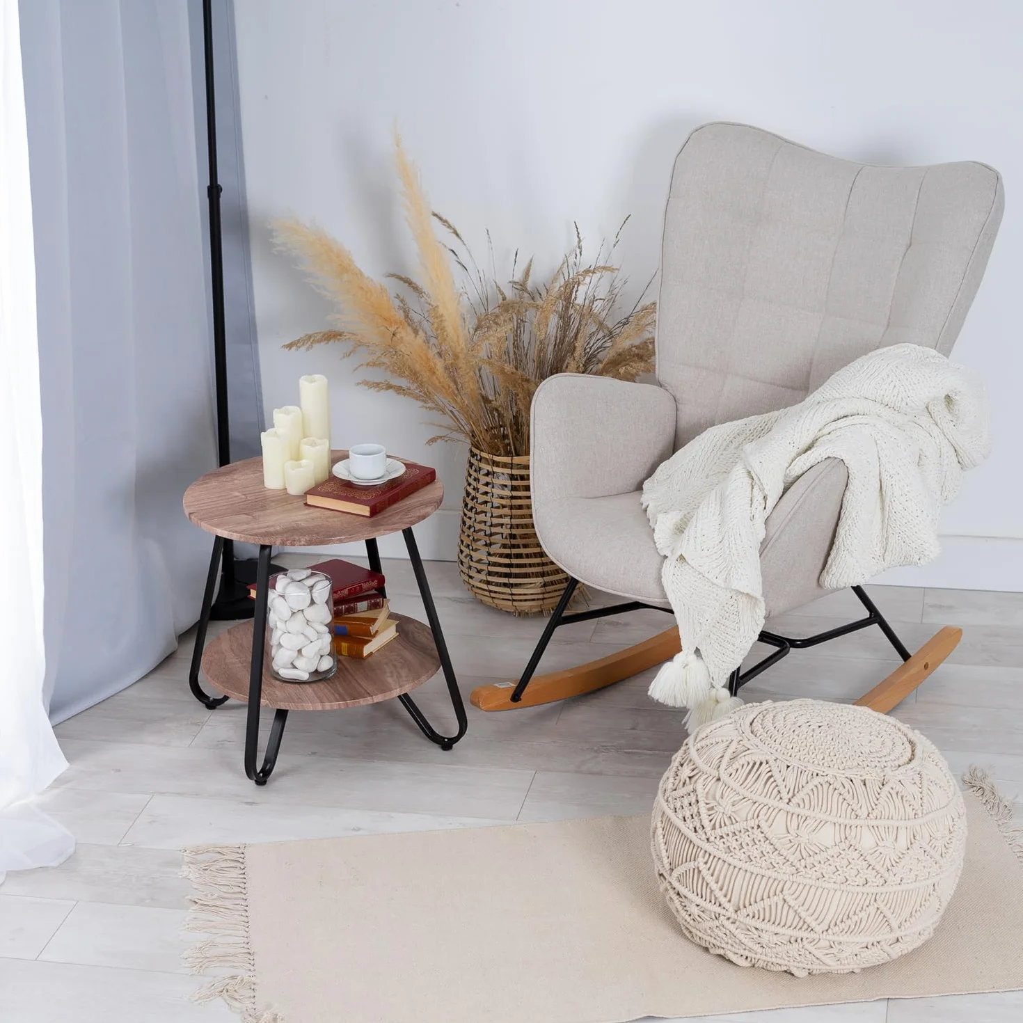 MEUBLE COSY Tavolino da caffè Rotondo Comodino con Ripiano per Soggiorno Camera da Letto, Design Scandinavo, Struttura in Metallo, Legno ingegnerizzato, Marrone Chiaro e Noir, 46x46x45cm