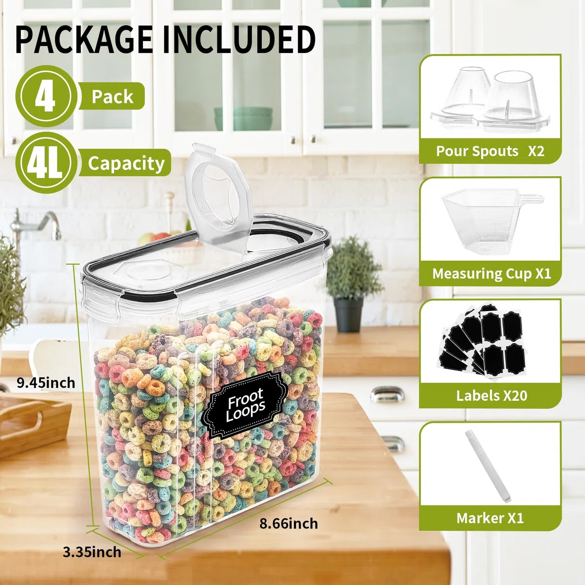 Skroam Set di 4 contenitori da 4L con 4, contenitore dosatore per cereali e contenitori salvafreschezza, contenitori in plastica senza BPA ermetici, per cereali, farina, zucchero