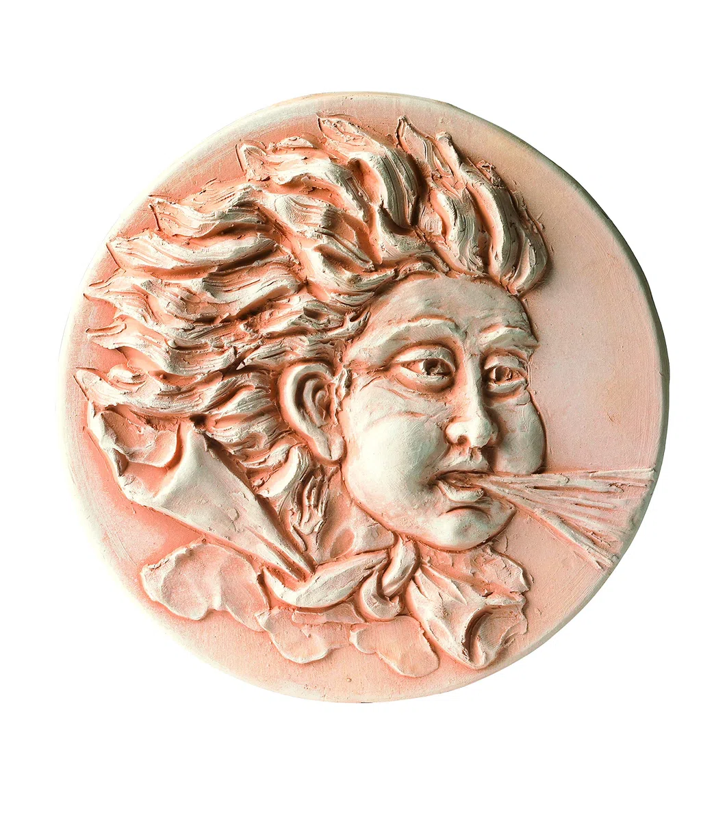 Generico PANNELLI DA PARETE IN TERRACOTTA (SET 2 PEZZI) VELIERO ED EOLO RIVESTIMENTO IN COTTO NATURALE COCCIO ARREDO CASA GIARDINO PORTICO DECORAZIONI A MURO