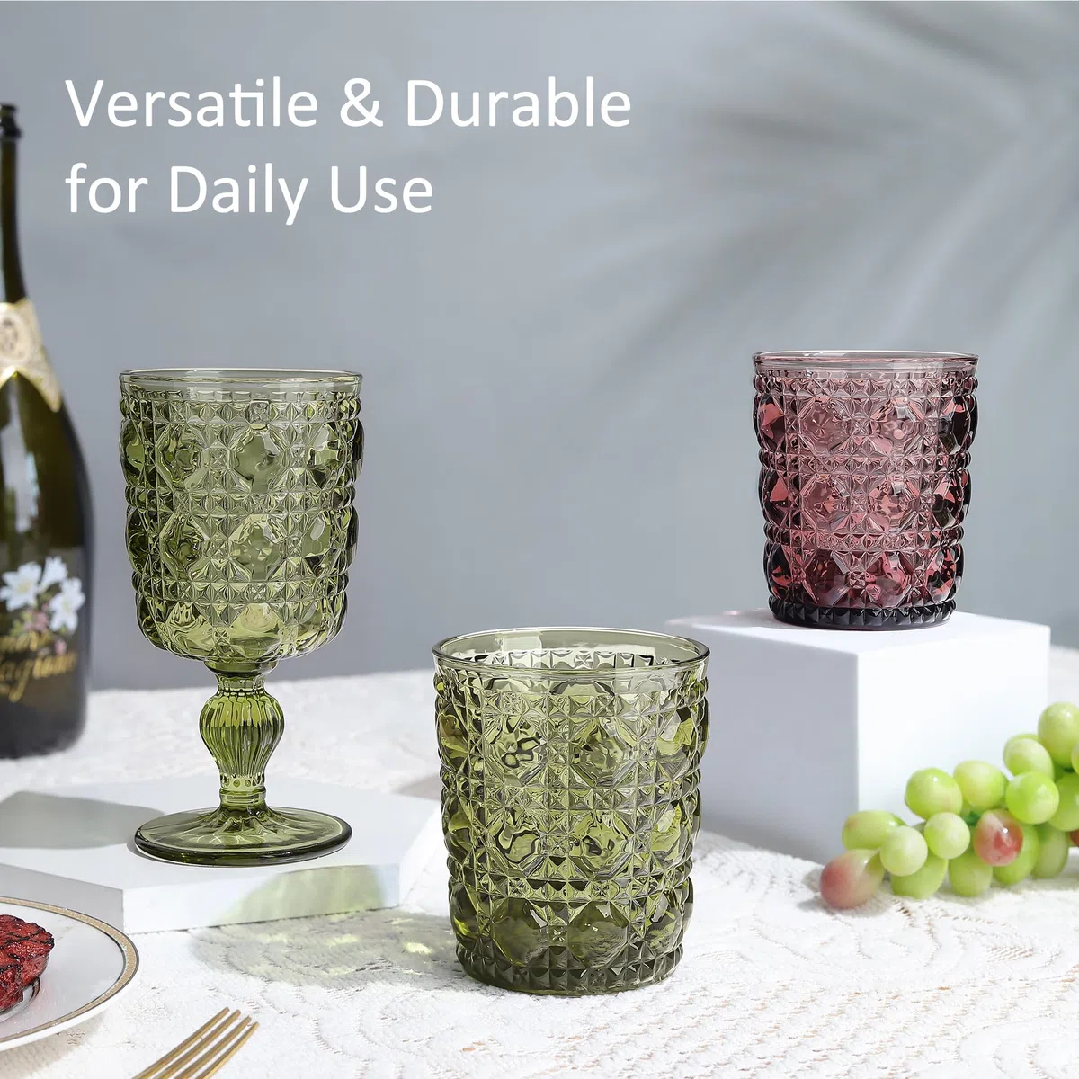 Joeyan 32cl Bicchieri da Acqua in Vetro Colorati, Set di 6 Verde Tumbler Basso con Gemme Rilievo, Design Moderno, Idea Regalo Per Matrimoni, Feste e Casa Nuova, Lavabile in Lavastoviglie