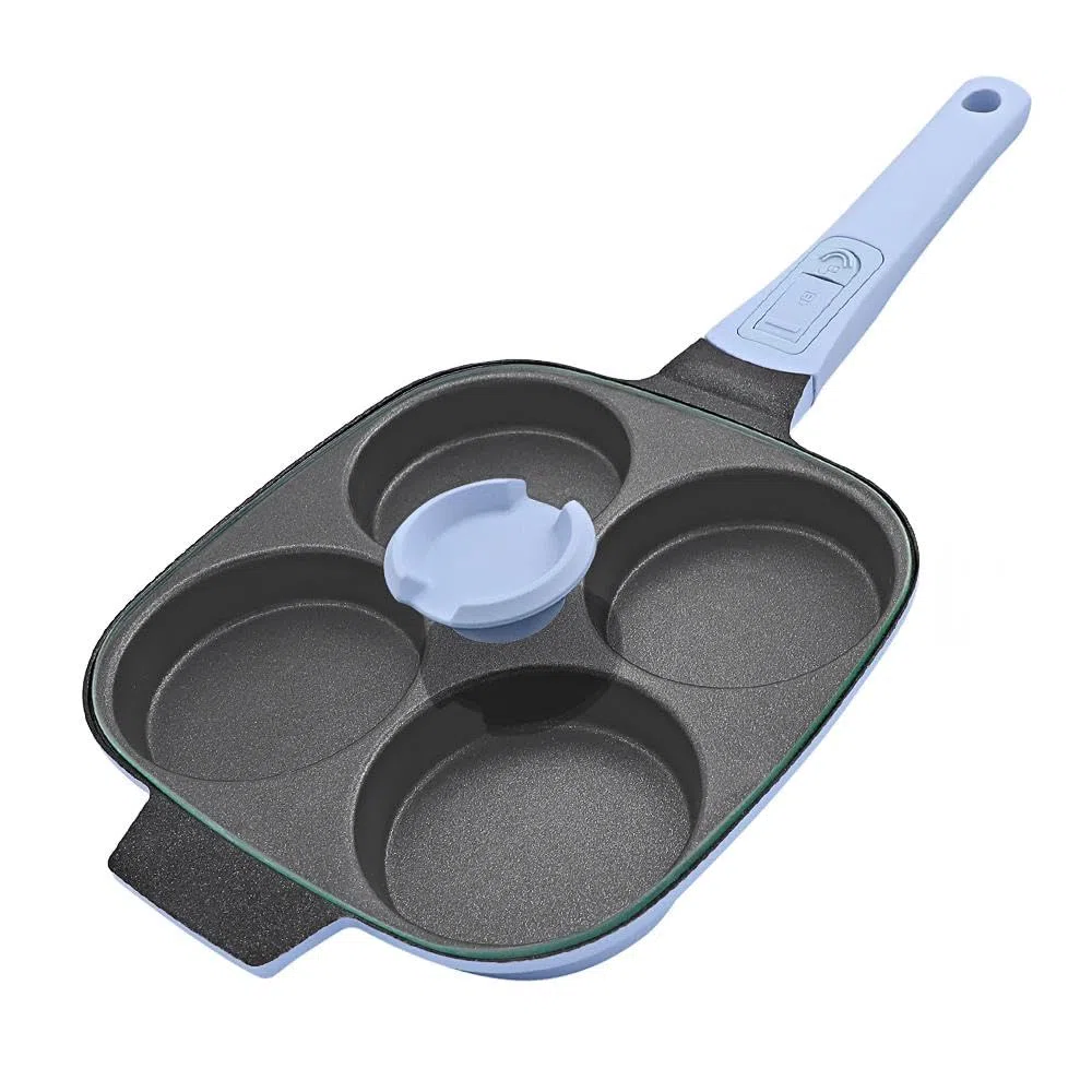 RANX INGST Padella Pancake 4 Fori con Coperchio, Padella per Uova Fritte con Manico Rimovibile, padella per omelette Antiaderente in Alluminio - Blu