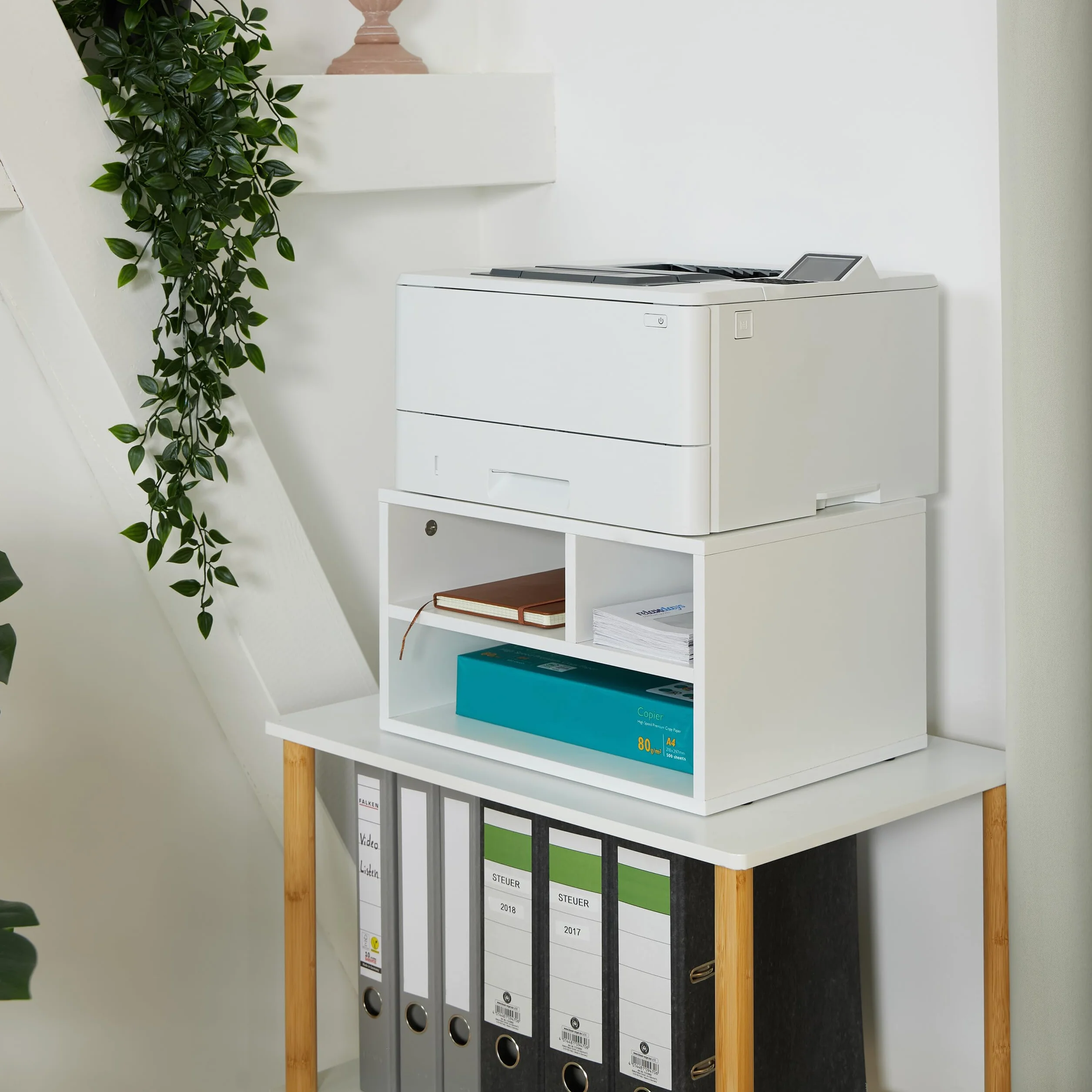 Relaxdays Supporto per Stampante da Scrivania, 3 Scomparti, Portadocumenti, Portacarta, Organizer, 22,5x40x30 cm, Bianco