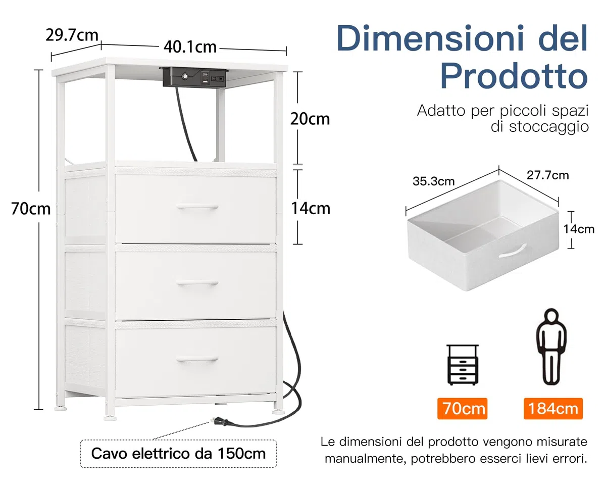 Coleshome Comodino Camera da Letto, con Presa di Corrente e 2 Luci USB e LED, Comodini Camera da Letto con 3 Cassetti in Tessuto e 2 Vano Portaoggetti, 40 * 30 * 70cm, Confezione da 1