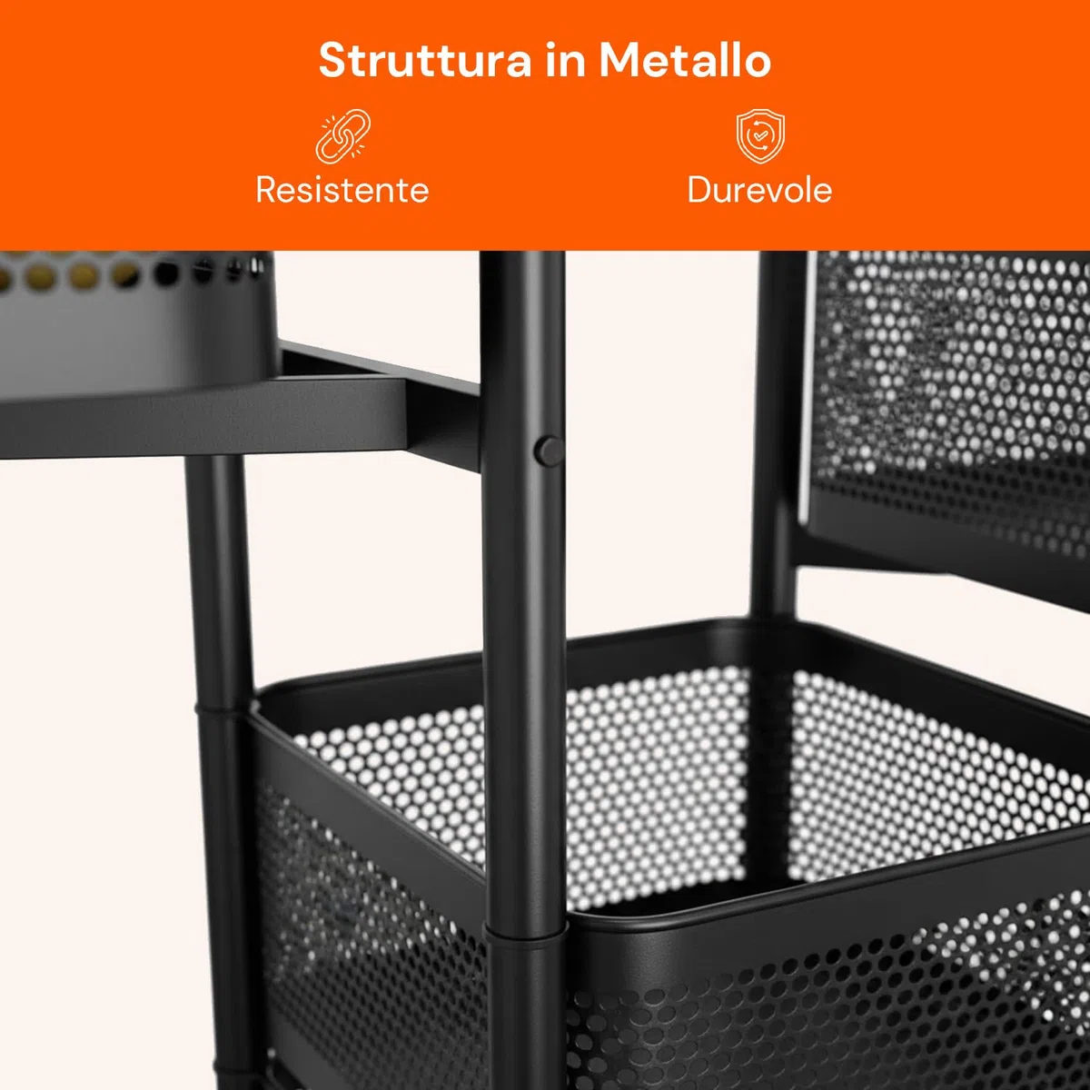 Avilia - Carrello con Ruote Portatutto Richiudibile Multiuso con Cestelli Capienti e Struttura Salvaspazio per Cucina Bagno e Ufficio Design Pieghevole con Ruote Frenanti Nero Quadrato 5 Cestelli