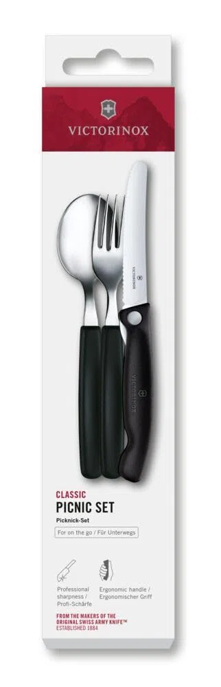 Victorinox Classic, Posate professionali, 3 pezzi, Lama extra-affilata, tagliente a forma di onda, 11 cm, Acciaio inox, nero