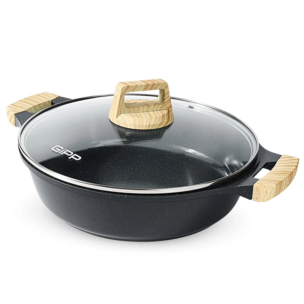 GiPP Tegami da 32 cm, Struttura in Alluminio Pressofuso, Pentola Bassa Antiaderente Ad Alte Prestazioni con Coperchio in Vetro, Tutti Fornelli y Induzione Senza PFOA