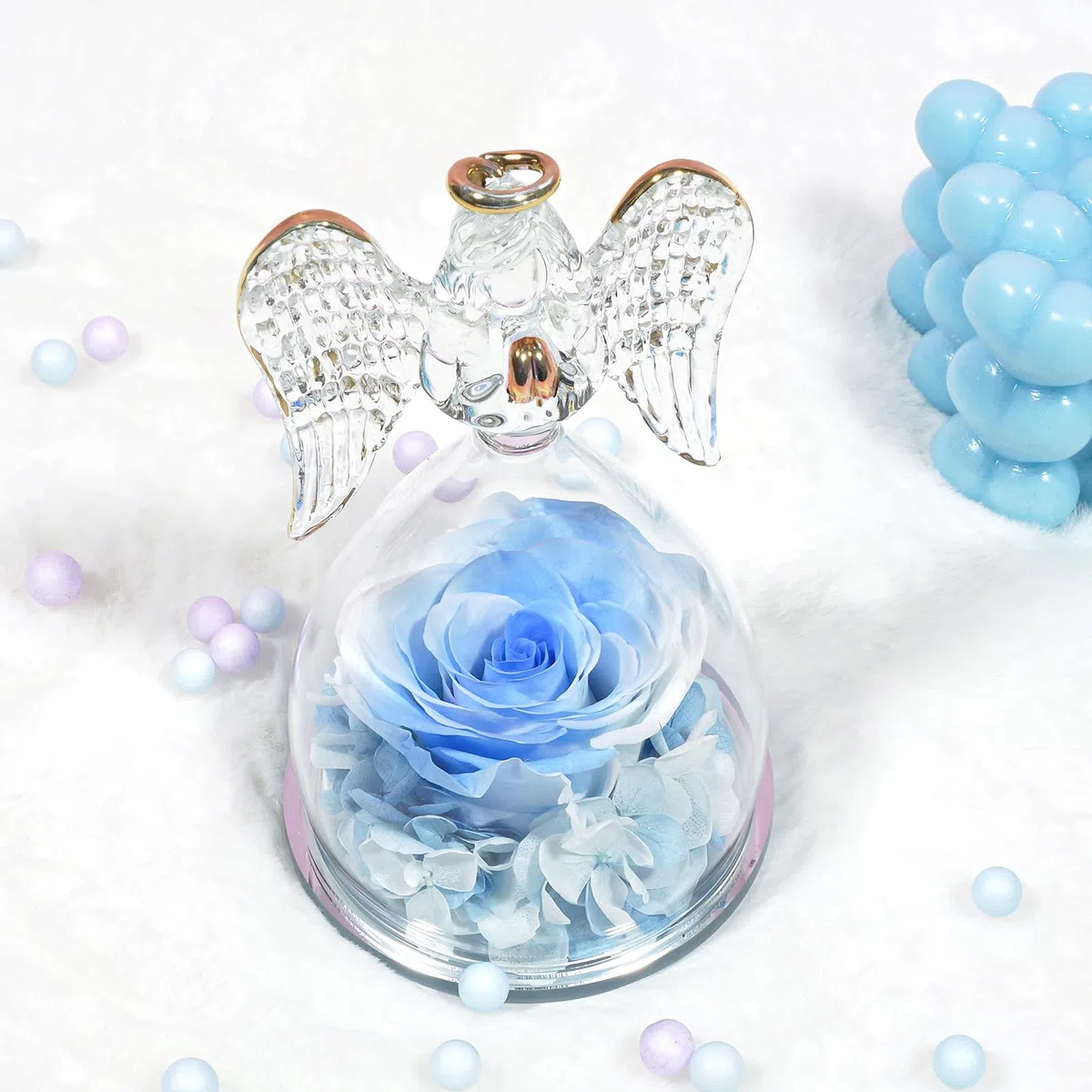 Yamonic Rosa Eterna Regalo Donna, Rosa Stabilizzata con Angelo di Vetro Regalo Mamma Compleanno, Angeli Custodi Regali Nonna, Statuette Angeli con Fiori Eterni Festa della Mamma Idee Regali Natale