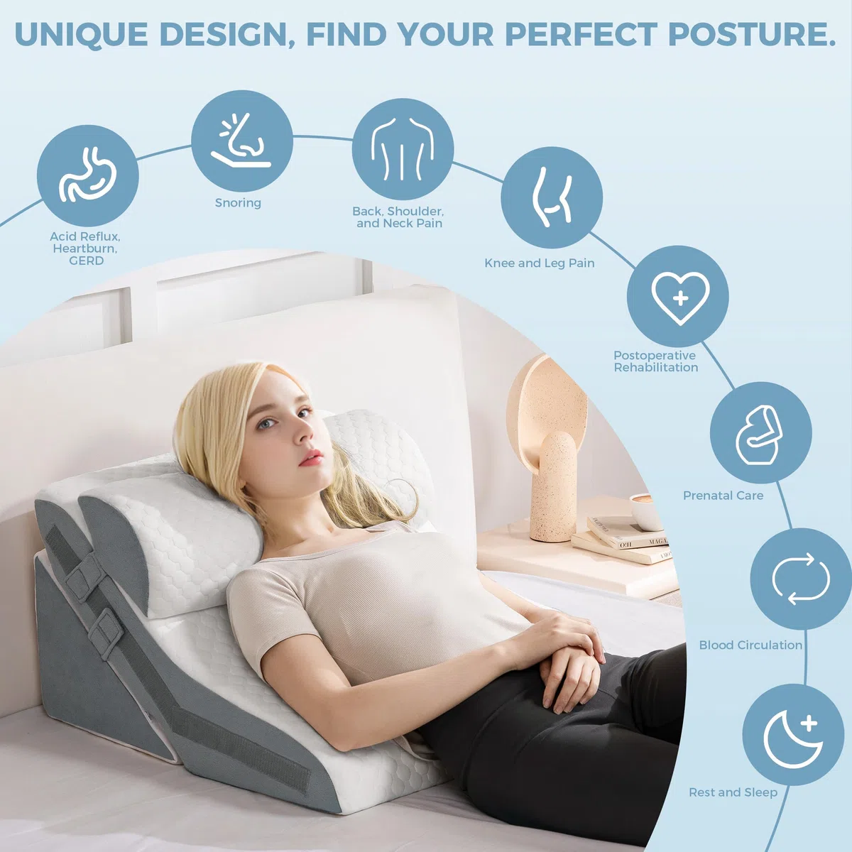 Cuscino a Cuneo 3-in-1 Ergonomico, Set Cuscino Triangolare Pieghevole in Memory Foam, Supporto Regolabile per Schiena e Gambe, Ideale per Lettura e Relax a Letto