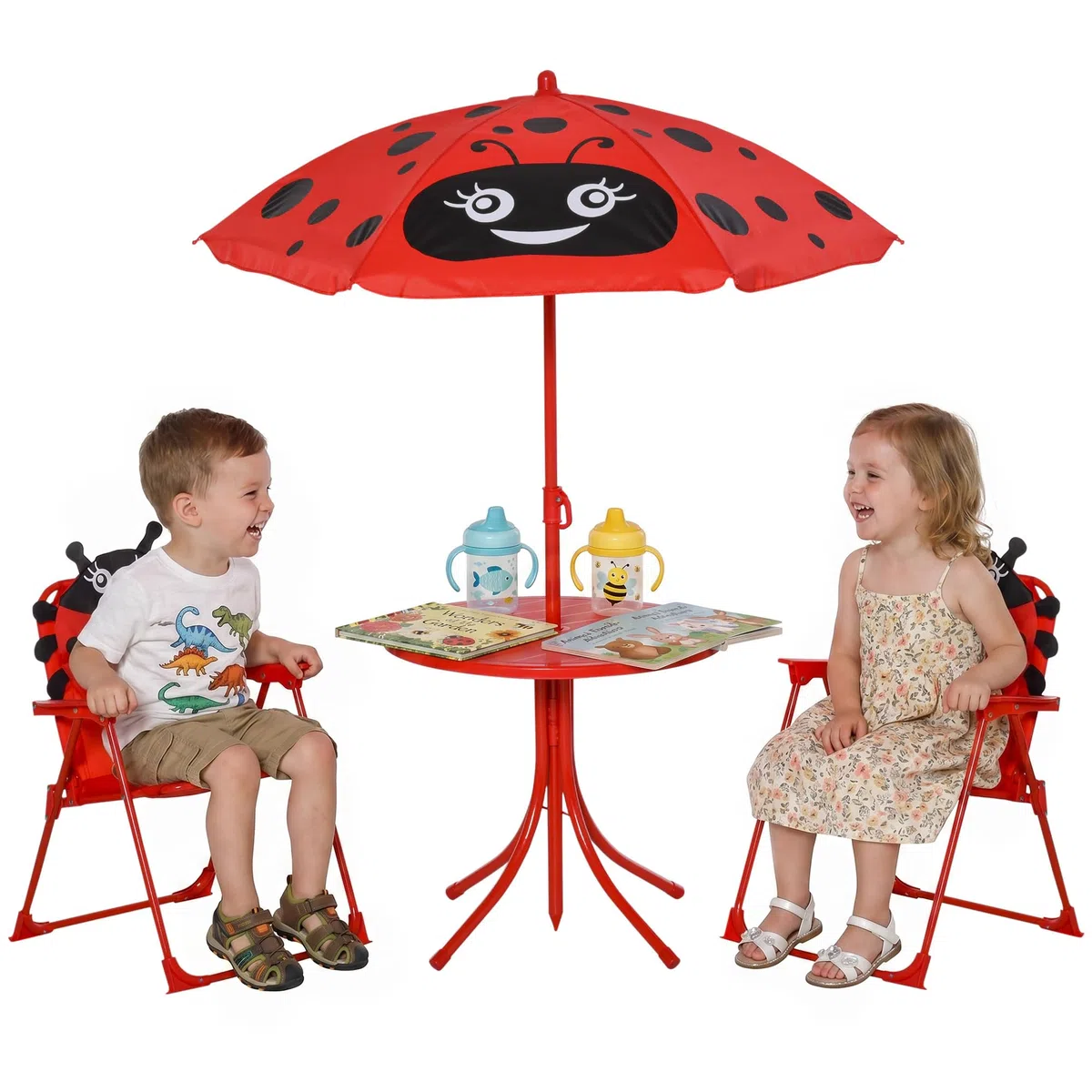 Outsunny Tavolo da Picnic per Bambini, Set Tavolo e Sedie con 2 Sedie Pieghevoli e Ombrellone Removibile, Tema Rana, Set da Esterno per Giardino, Patio, Rosso