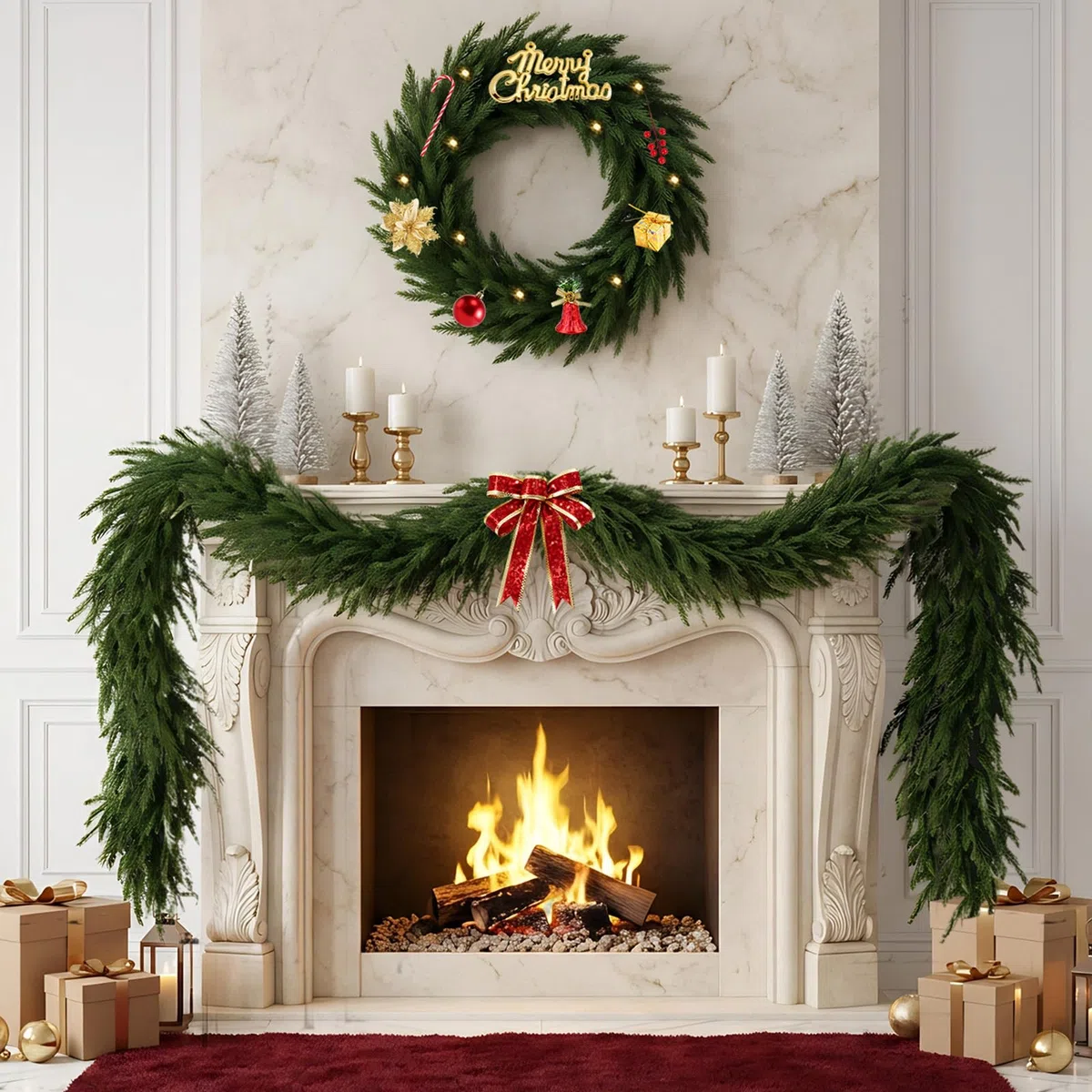 Ghirlanda Natalizia, 270cm Ghirlanda di Natale Artificiale con 38 Pezzi Ornamenti e Luci 30 LED Addobbi Natalizi per la Casa per Porta, Camini, Scale, Centrotavola Natalizio (2.7 m)