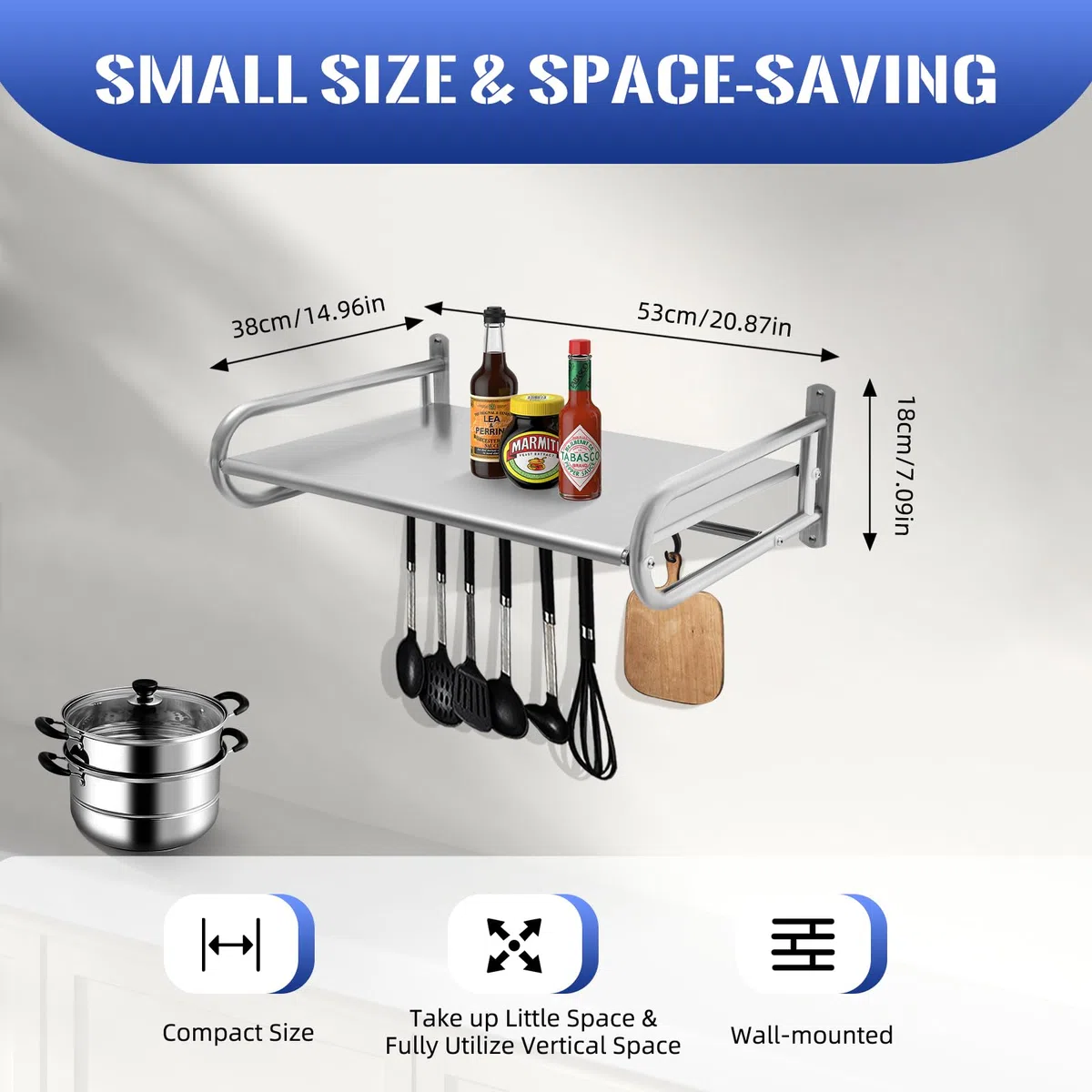 Supporto da parete per forno a microonde, in acciaio inox, con 6 ganci sospesi, supporto per microonde, supporto a parete, nero, 53 x 38 x 18 cm