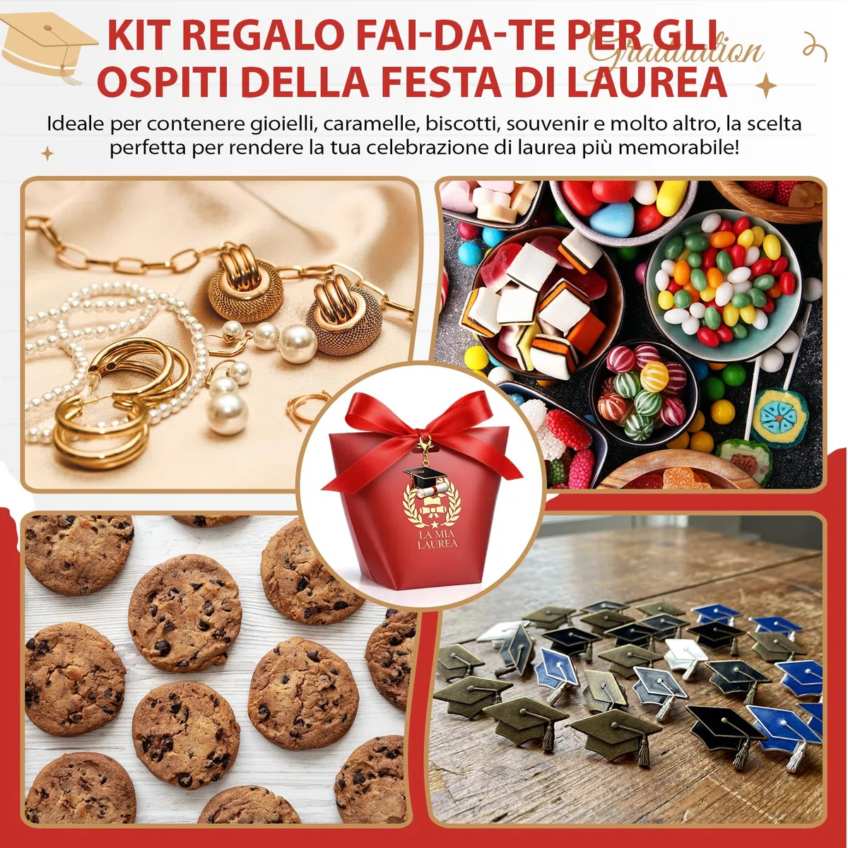 BBTO 50 Set Scatoline Portaconfetti Laurea Include 50 Scatoline Portaconfetti 50 Portachiavi con Cappello di in Smalto 1 Rotolo di Nastro Rosso Bomboniere Decorazione Fai da te Festa Laurea Regalo
