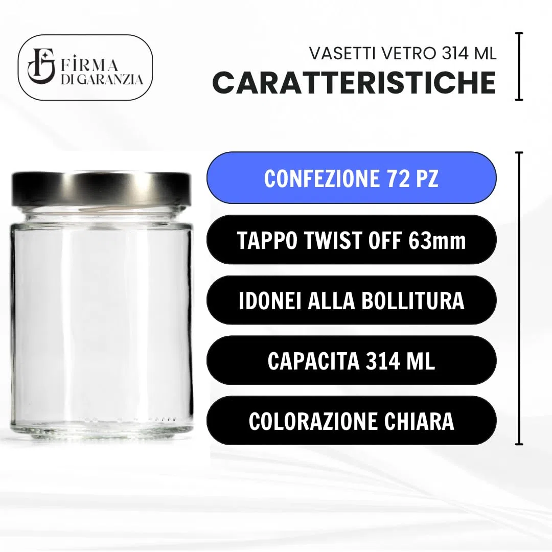 Firmadigaranzia srl Set da 72 Vasi 314 ml Std con Tappi 63 twist off idonei alla bollitura - Vasetti per conserve in vetro da 314 cc in vetro - Made in italy