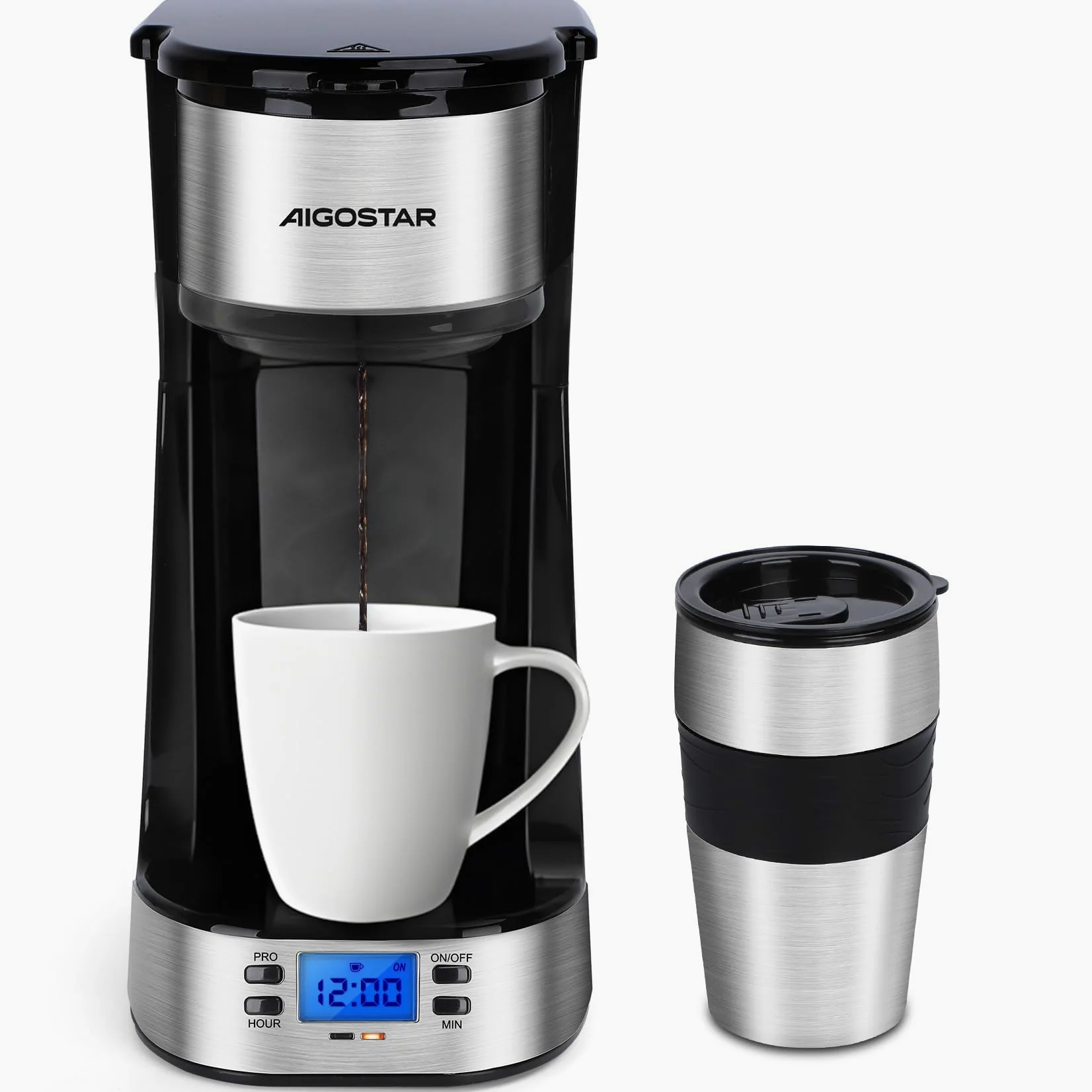 Aigostar - Macchina Caffè Americano a goccia con tazza isolata, Programmabile 24H, Schermo LCD, 420 ml, Funzione AutoPulizia, Caffettiera con filtro per 1 tazza riutilizzabile, 700W, 1 Tazza, Nero