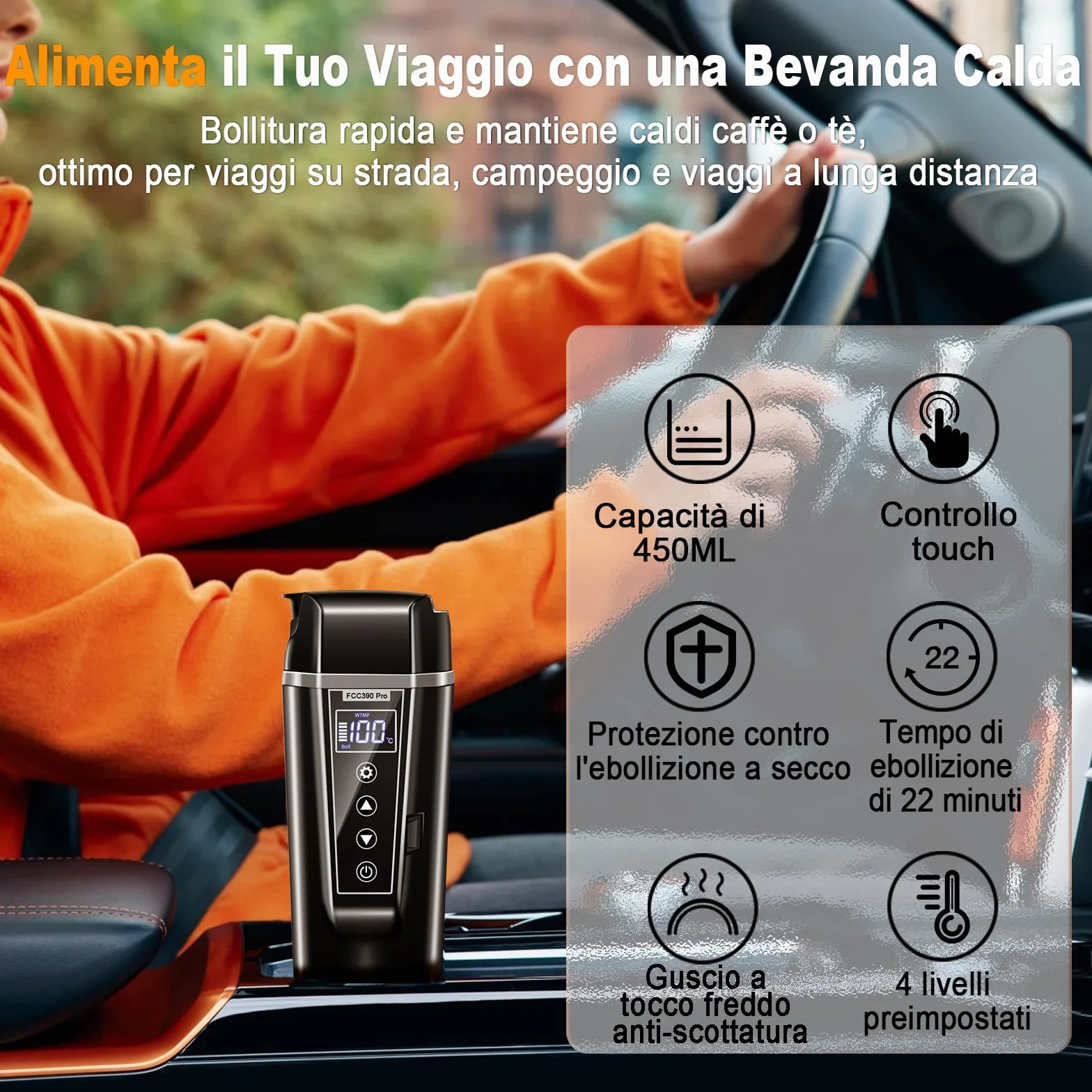 Bollitore Elettrico per Auto 12v e 24v, Piccolo Bollitore Elettrico da Viaggio 450ml per Camion,Auto, Taxi, per Preparare il Tè e il Latte Neonato, con Temperatura Regolabile, Tenere in Caldo