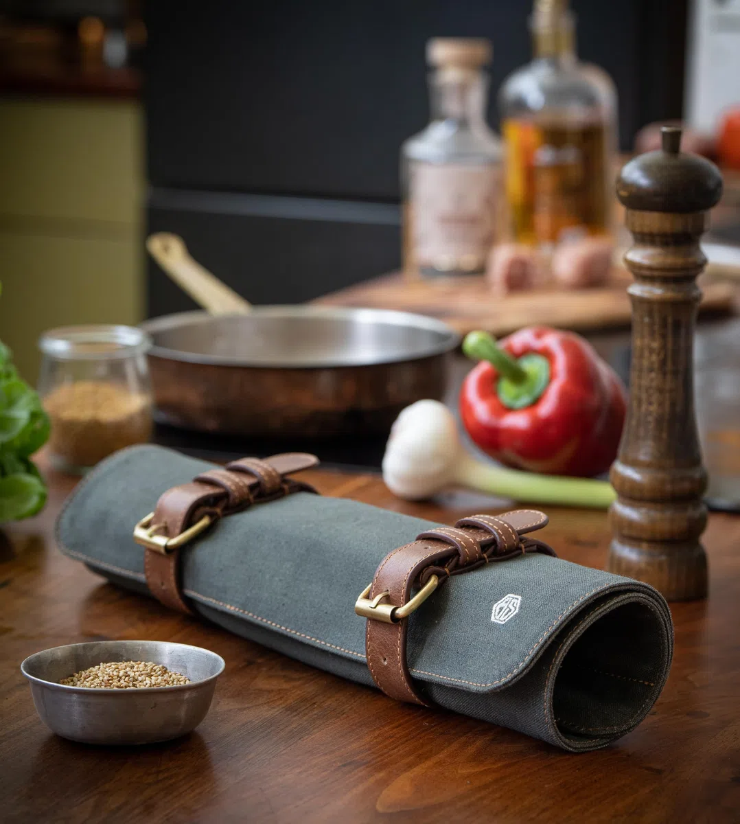Angus Stoke Portacoltelli per coltelli da cucina, rotolo di coltelli da cucina di alta qualità, tasca per coltelli con scomparto extra e chiusura lampo, borsa da cucina Lars, Verde oliva, 40 x 38 cm
