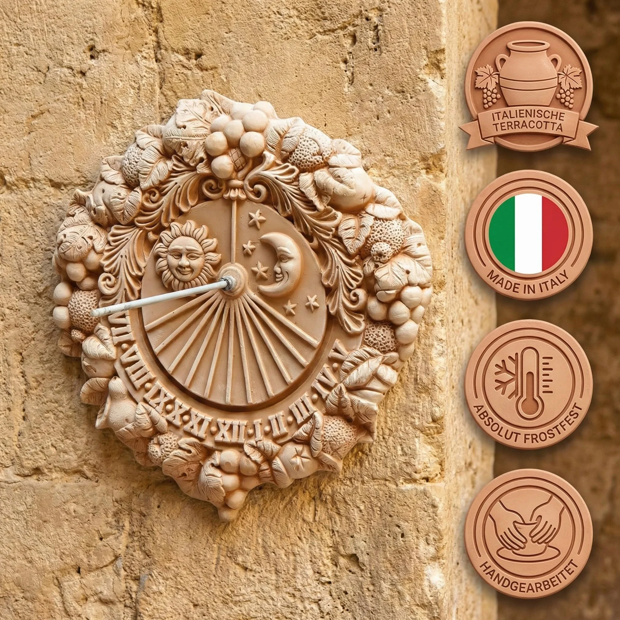 Teramico Meridiana decorativa meridiana in terracotta italiana, resistente al gelo e alle intemperie, prodotto di qualità realizzato a mano (Meridiana 35 cm)