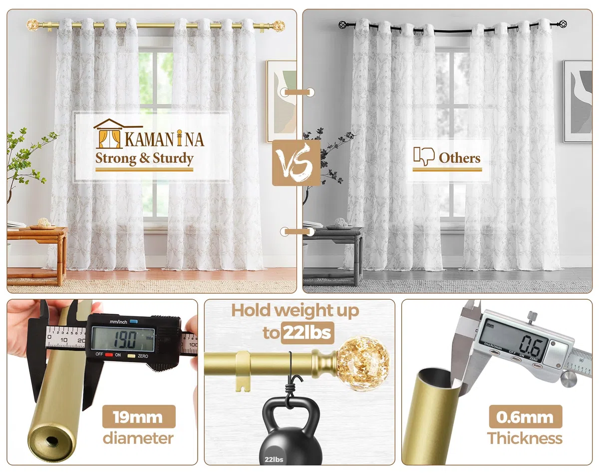 KAMANINA Bastone per Tende Estensibile da 80 a 292cm, Bastone per Tende Oro con Tappi Terminali Cristallo, Per Finestre Balconi Camere Da Letto