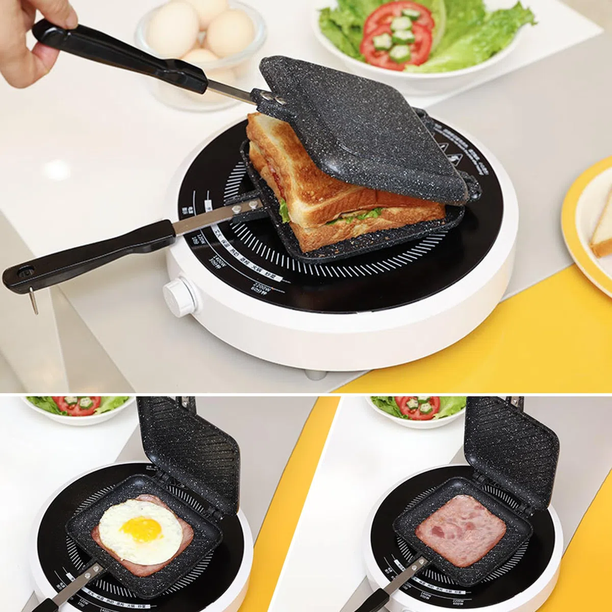 Doppia Padella, fornello da campeggio per tostapane, teglia da forno con rivestimento antiaderente con manici resistenti al calore per cuochi casalinghi, colazione, interni ed estern