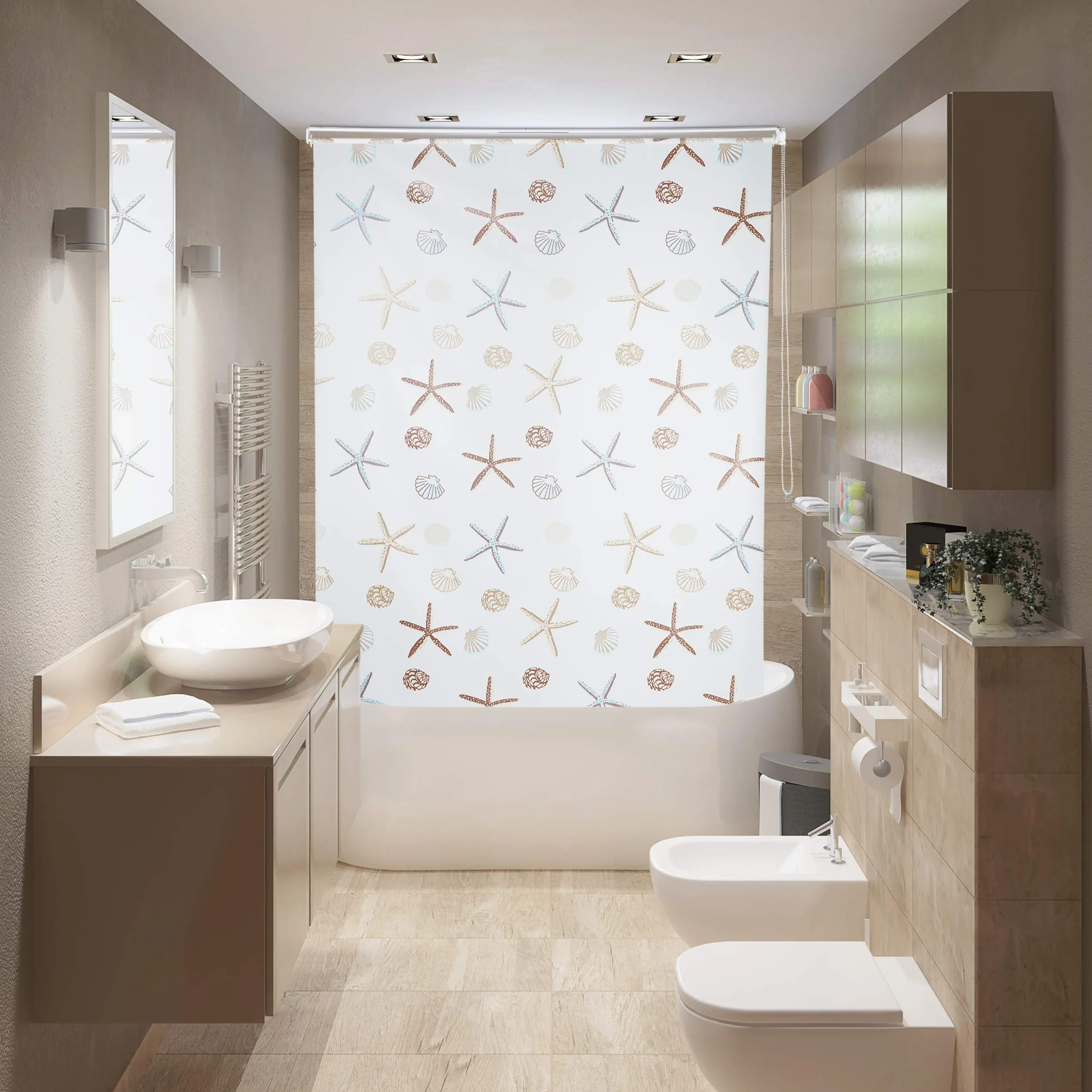Relaxdays Tenda a Rullo Ocean, Impermeabile, Vasca, Doccia, Conchiglie, Montaggio a Soffitto, 100x240 cm, Semitrasparente